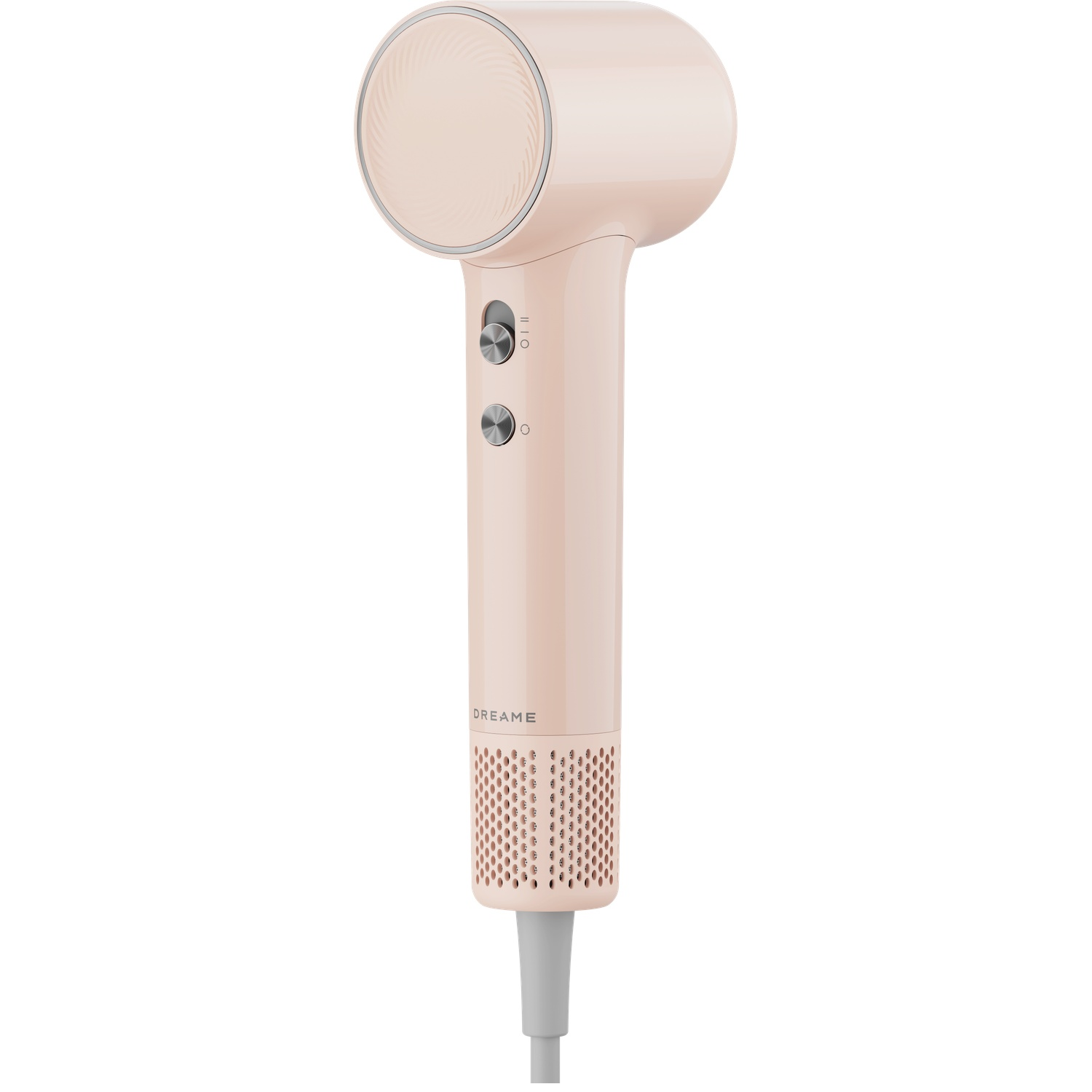 A pink hairdryer with silver controls and a gray cord.