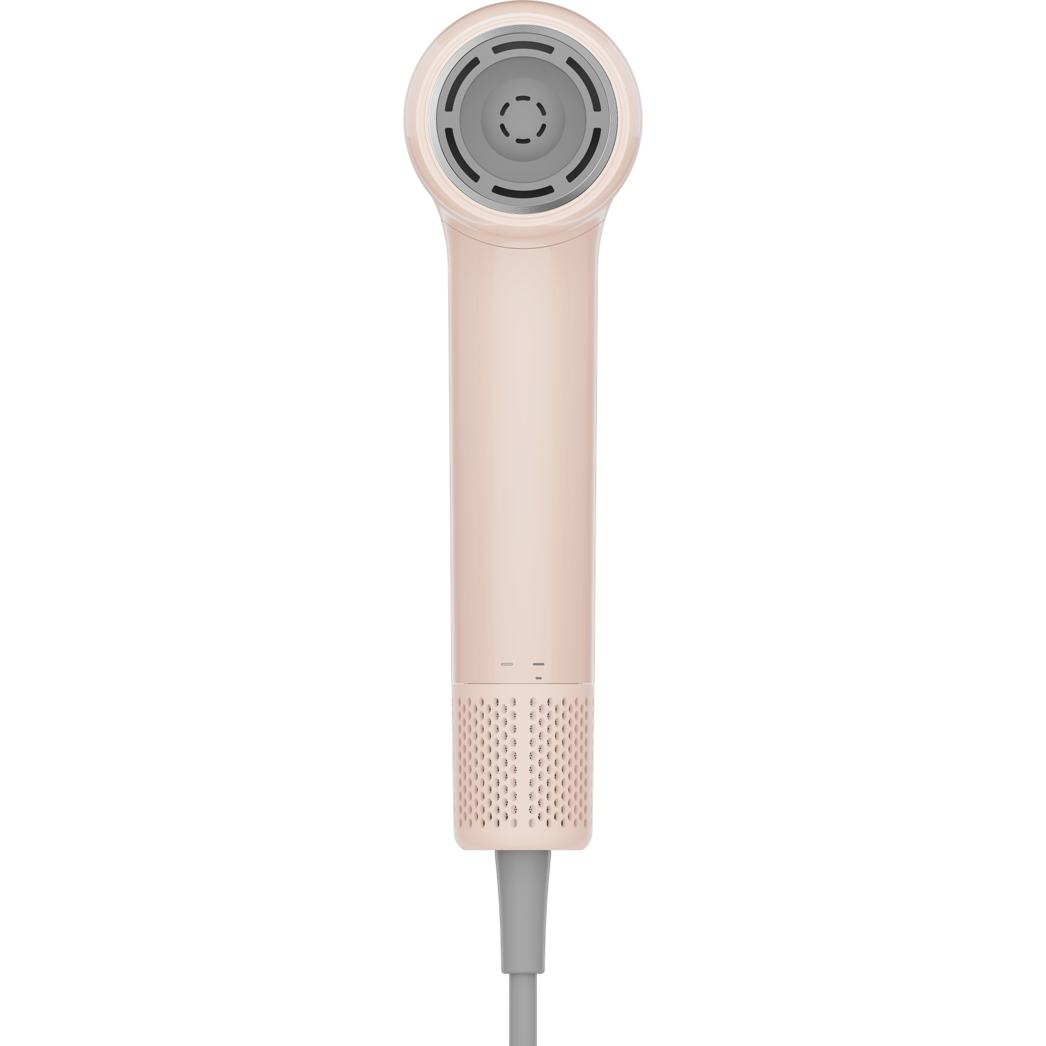 A pink hair dryer with a gray cord against a white background.