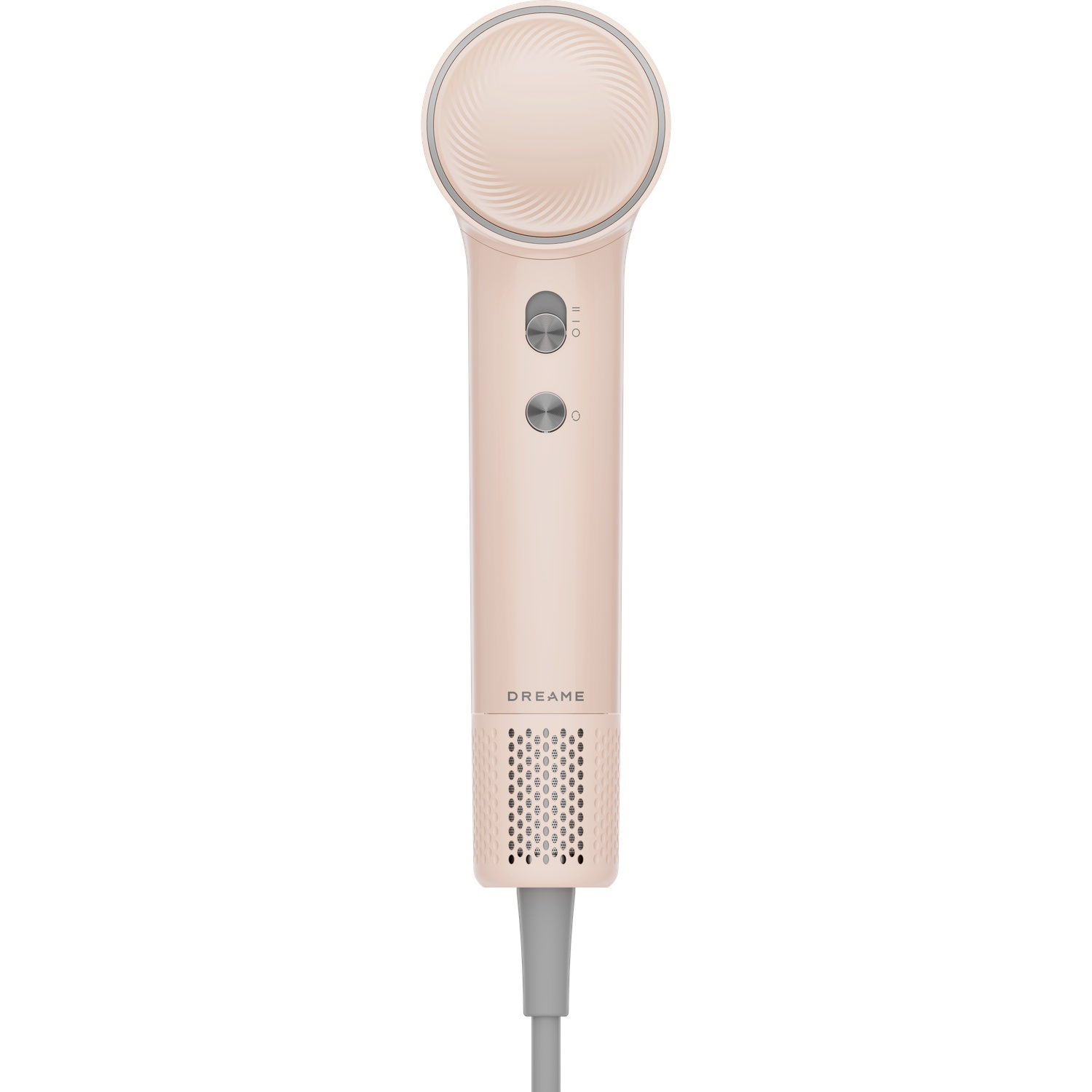 A pale pink hairdryer with silver controls and a grey cord.
