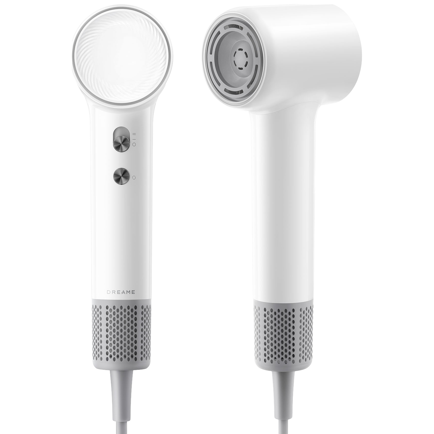 Twee witte haardrogers naast elkaar, met details zoals knoppen en ventilatieroosters.