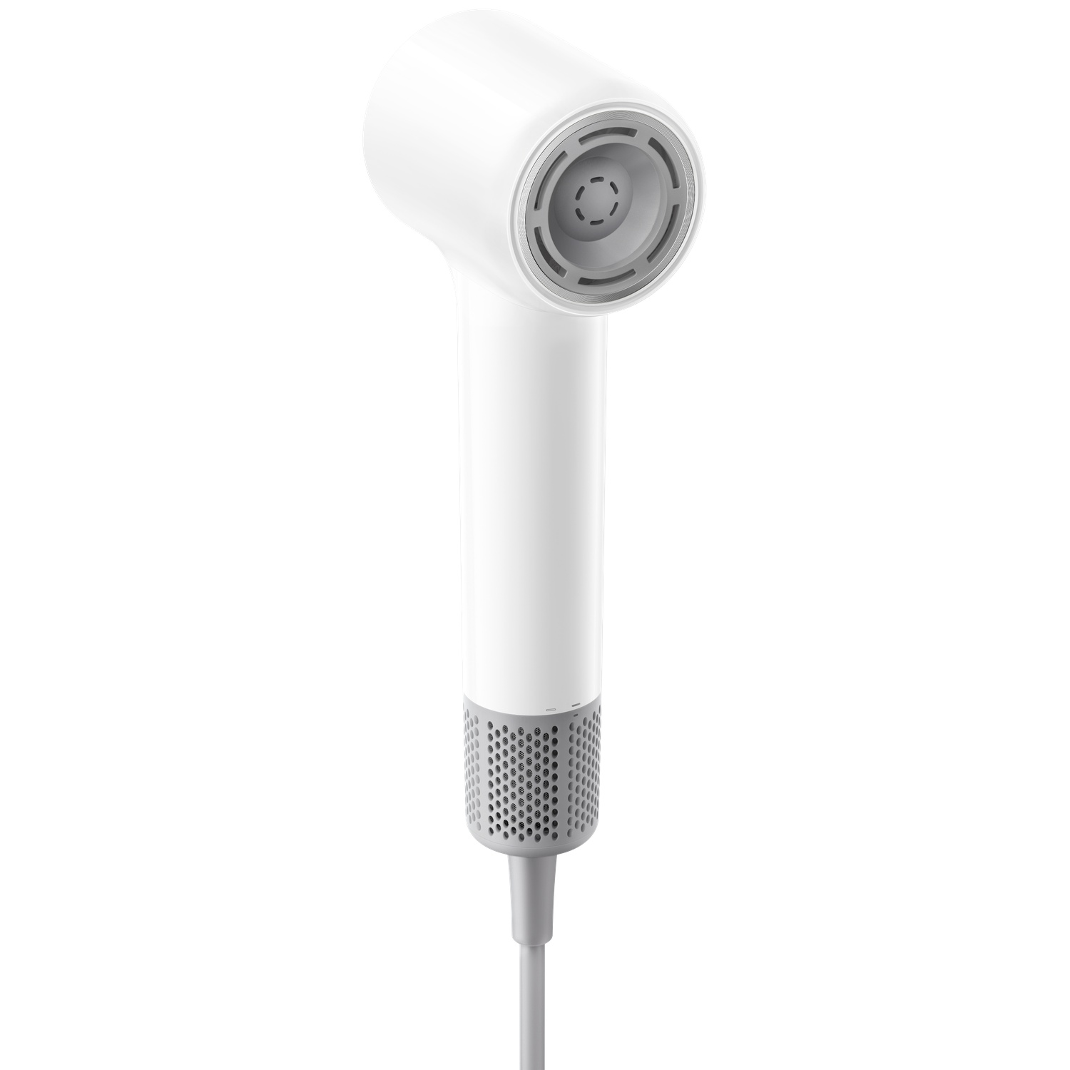 Een witte haardroger met grijze grille details.