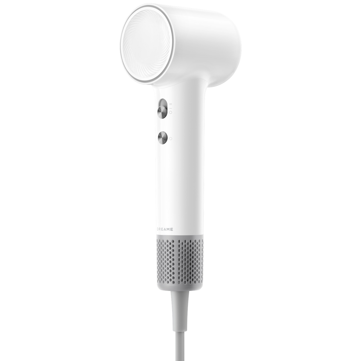 Een witte haardroger met zilveren knoppen en een geribbelde luchtinlaat.