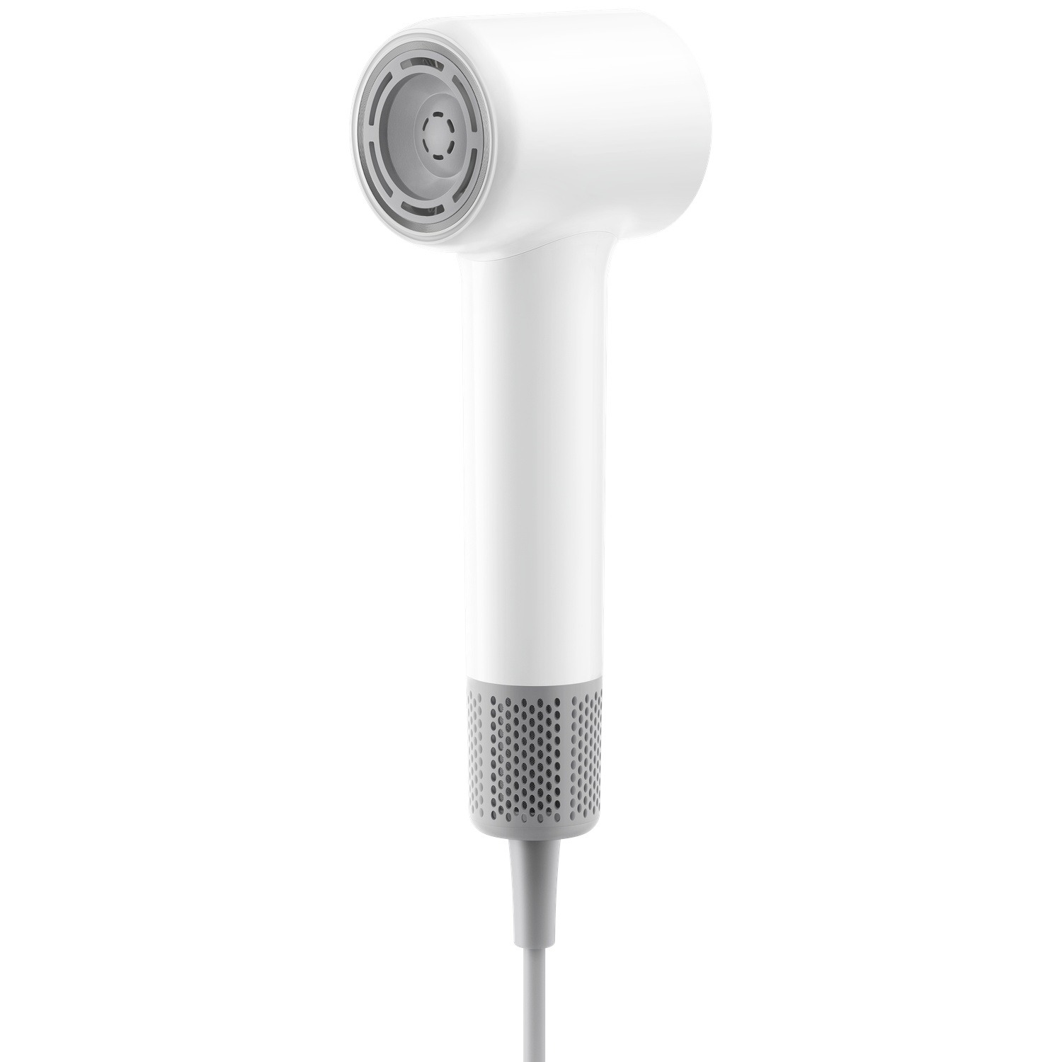 Een witte föhn met grijze handgreep en ventilatieopeningen.