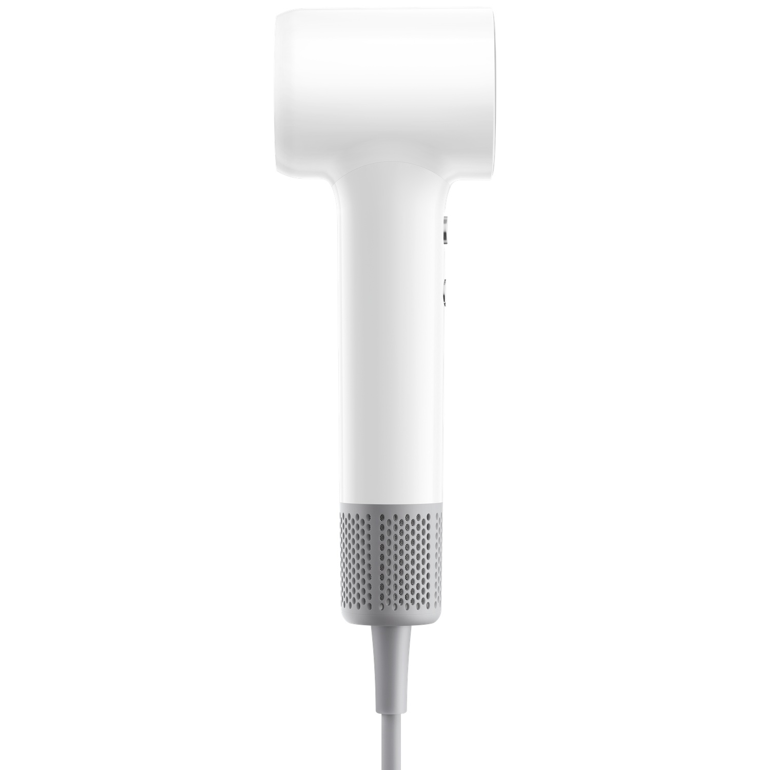 Een witte, T-vormige föhn met een geperforeerd grijs handvat en een snoer.