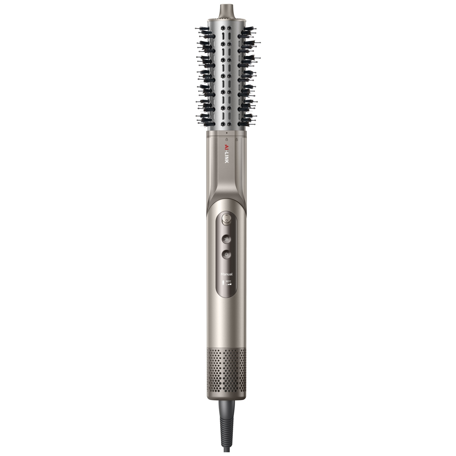 A silver rotating hot brush with black bristles and control buttons.