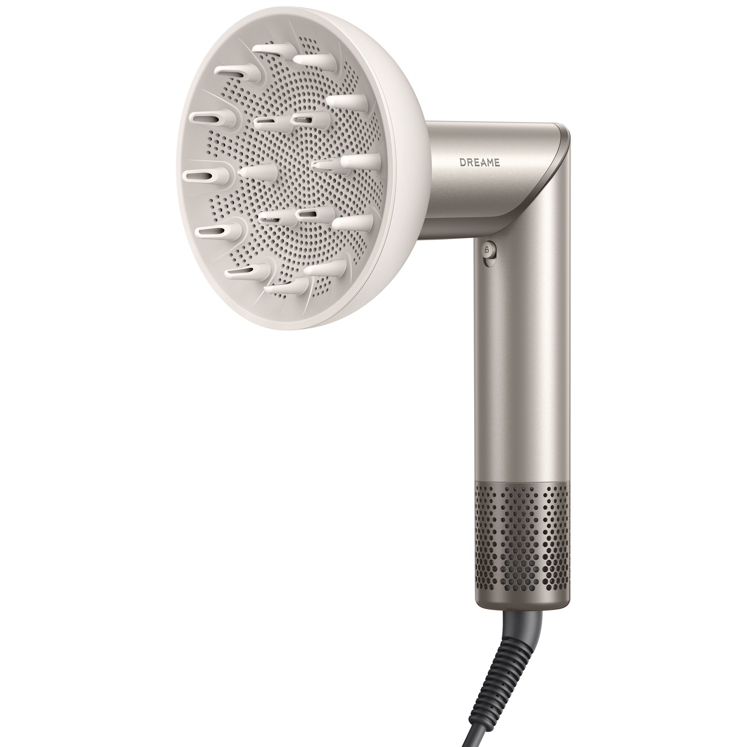 A silver hairdryer with a diffuser attachment on a white background.