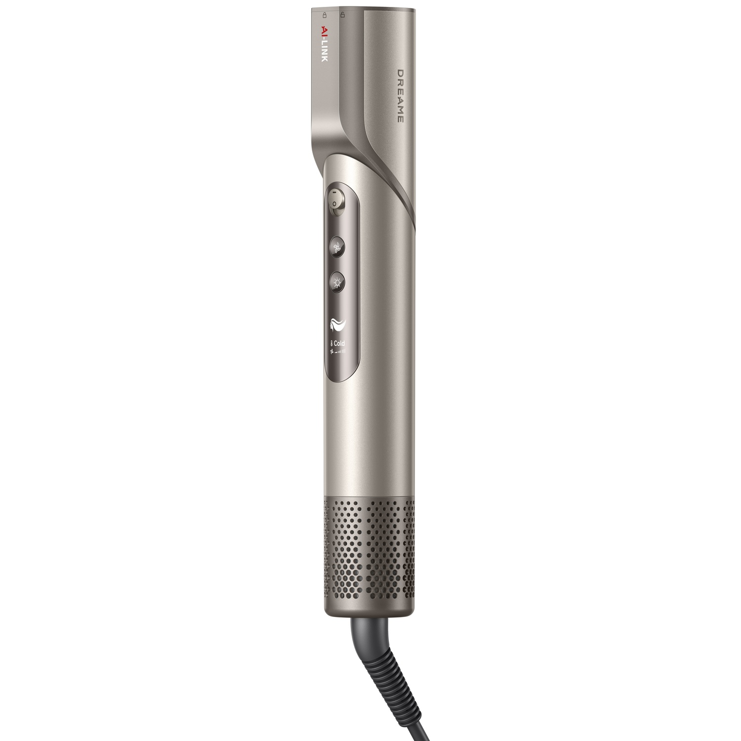 A gold hair dryer with controls and a perforated air intake at the bottom.