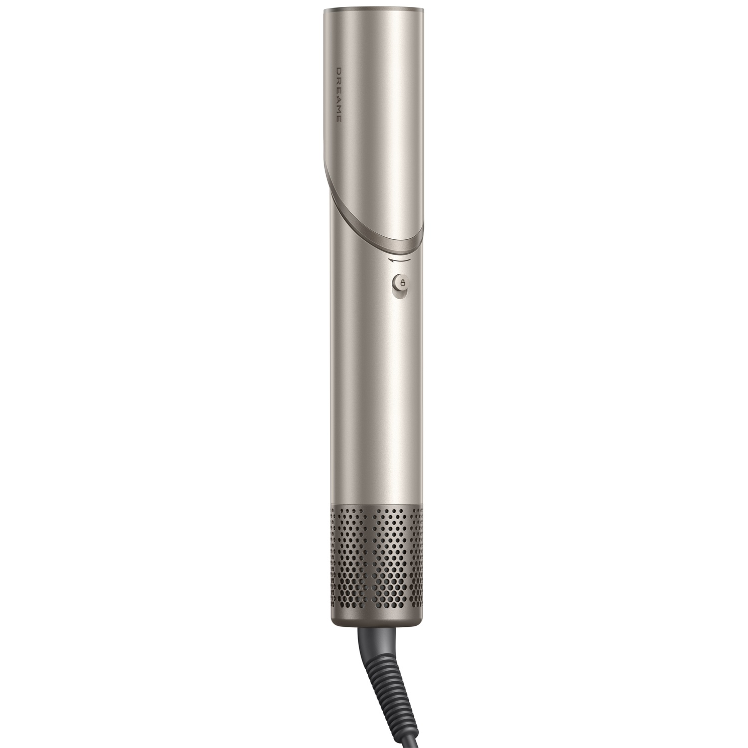 A silver-grey hairdryer with a grid pattern at the bottom.
