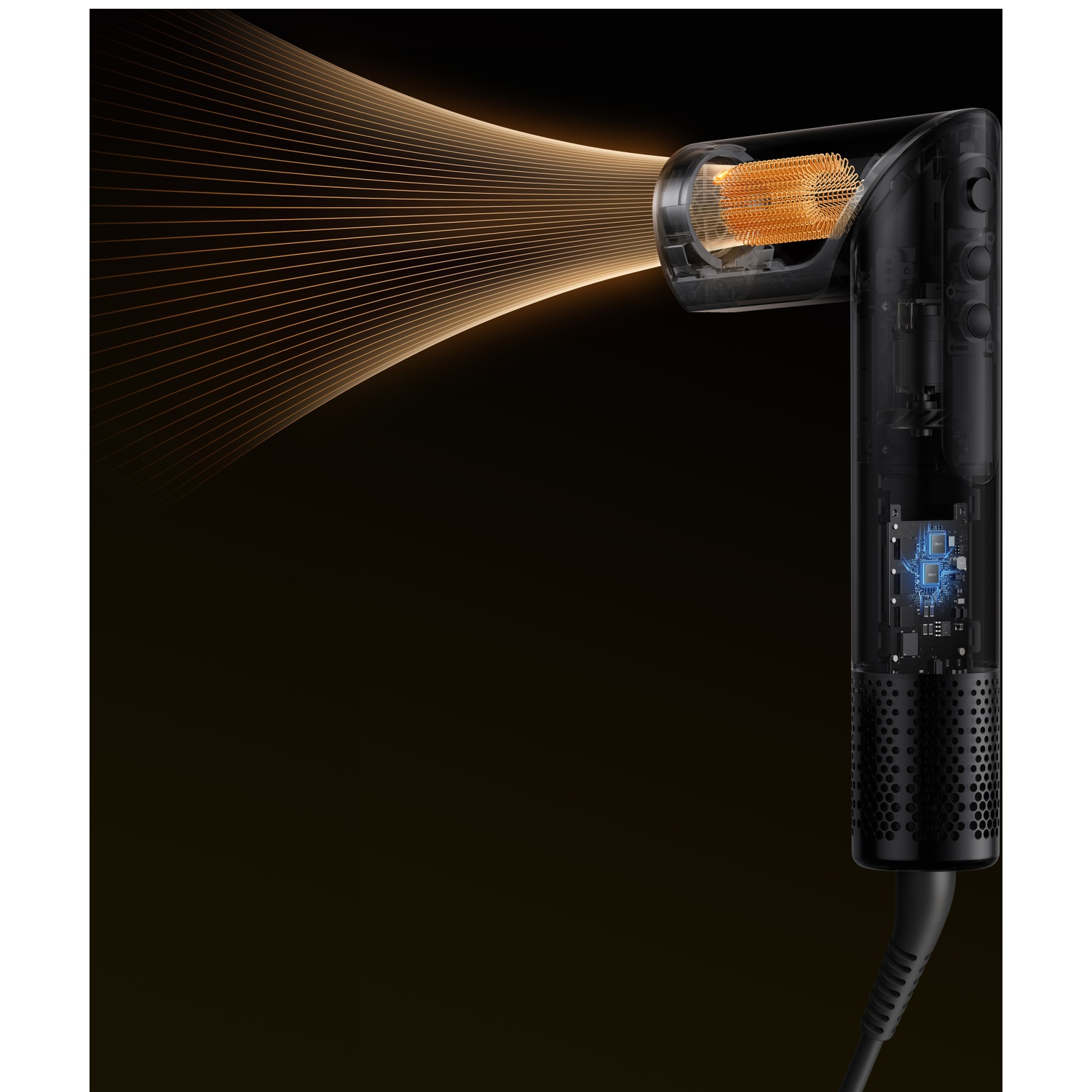 A transparent hairdryer showing a heating coil and airflow.