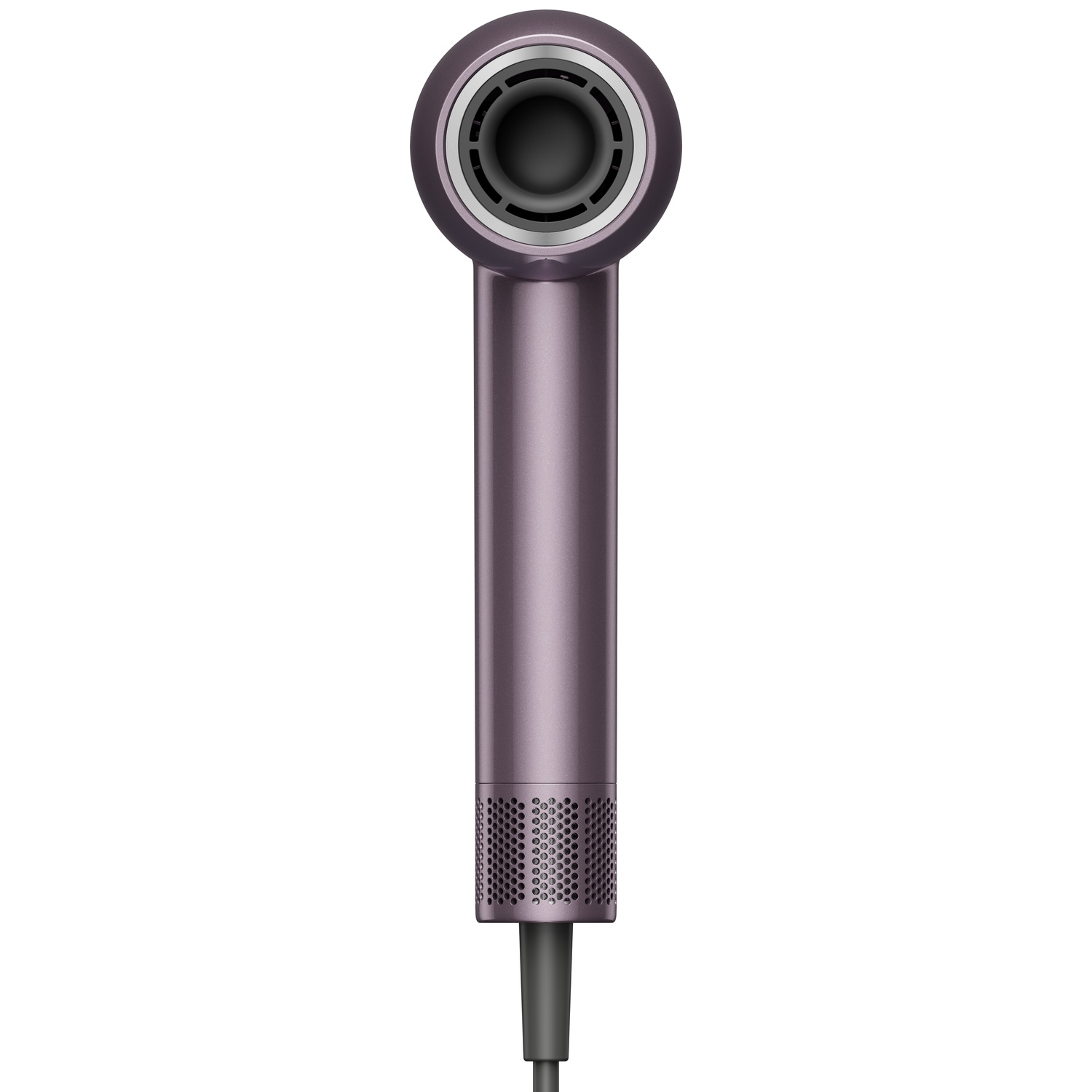Een paarse haardroger met een zilveren ring en zwart middenstuk.