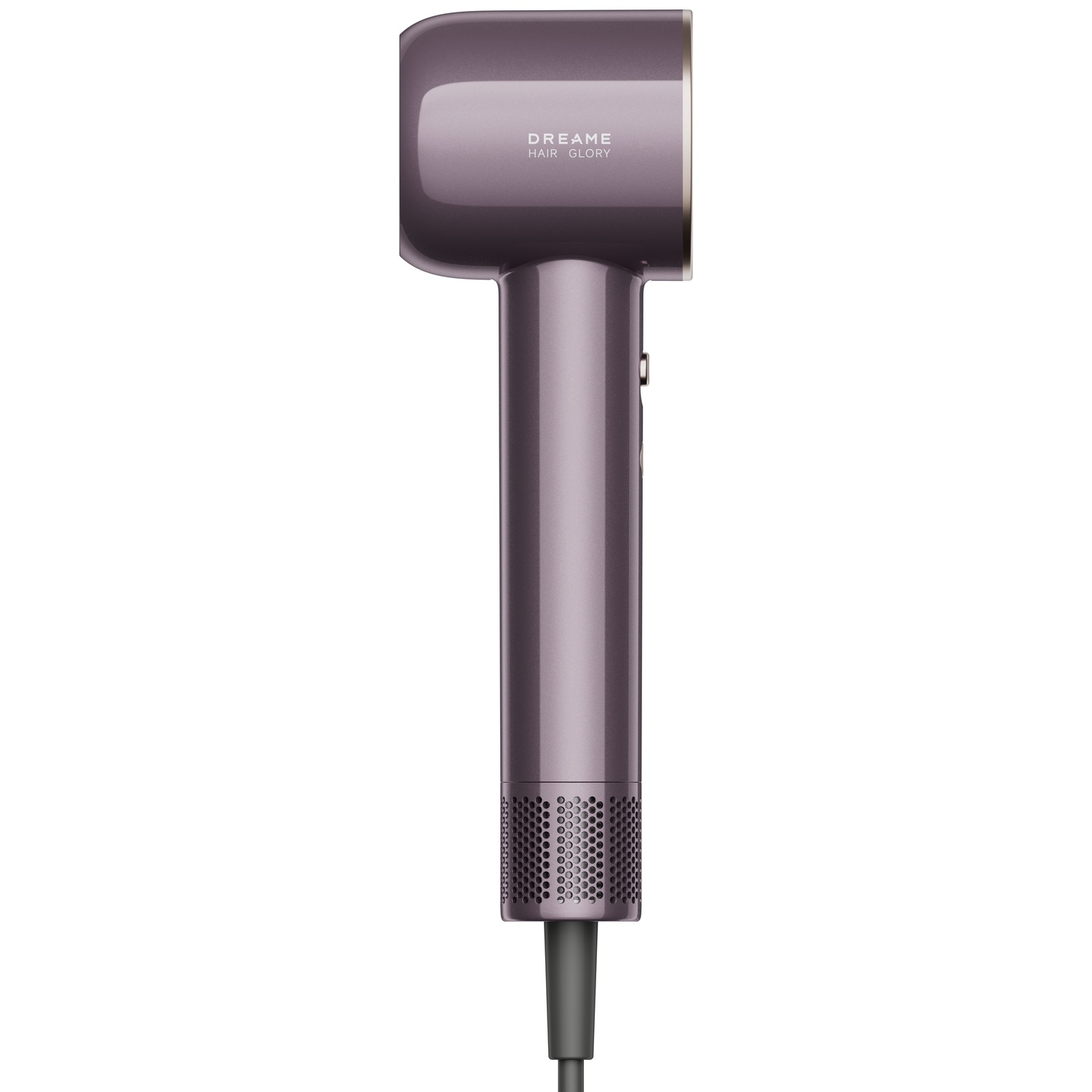 Paarse föhn met zilveren accenten en "DREAM HAIR GLORY" opschrift.