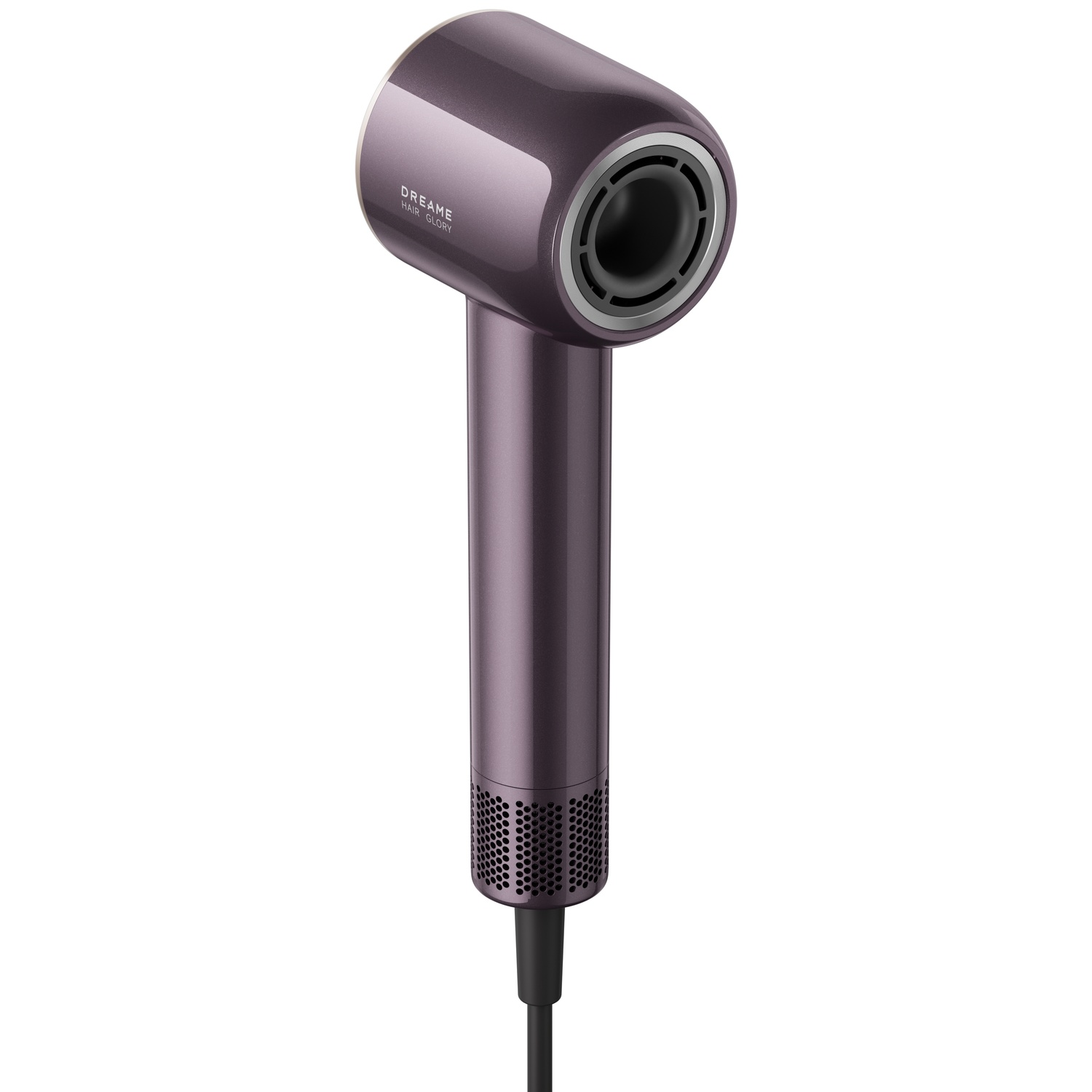 Een paarse haardroger met zilveren ring en zwart snoer.