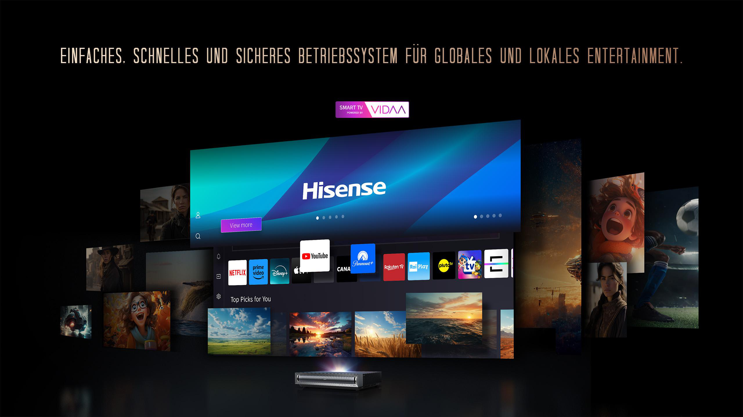 Hisense Smart TV-Oberfläche mit Apps wie Netflix, YouTube und Disney+. Landschaftsbilder unten.