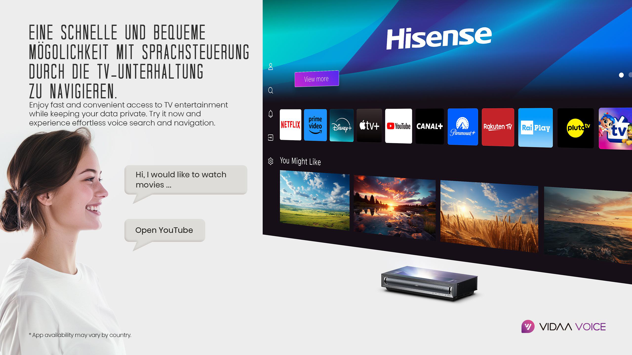 Eine Frau spricht, während ein Hisense Smart TV Apps wie Netflix und YouTube anzeigt.