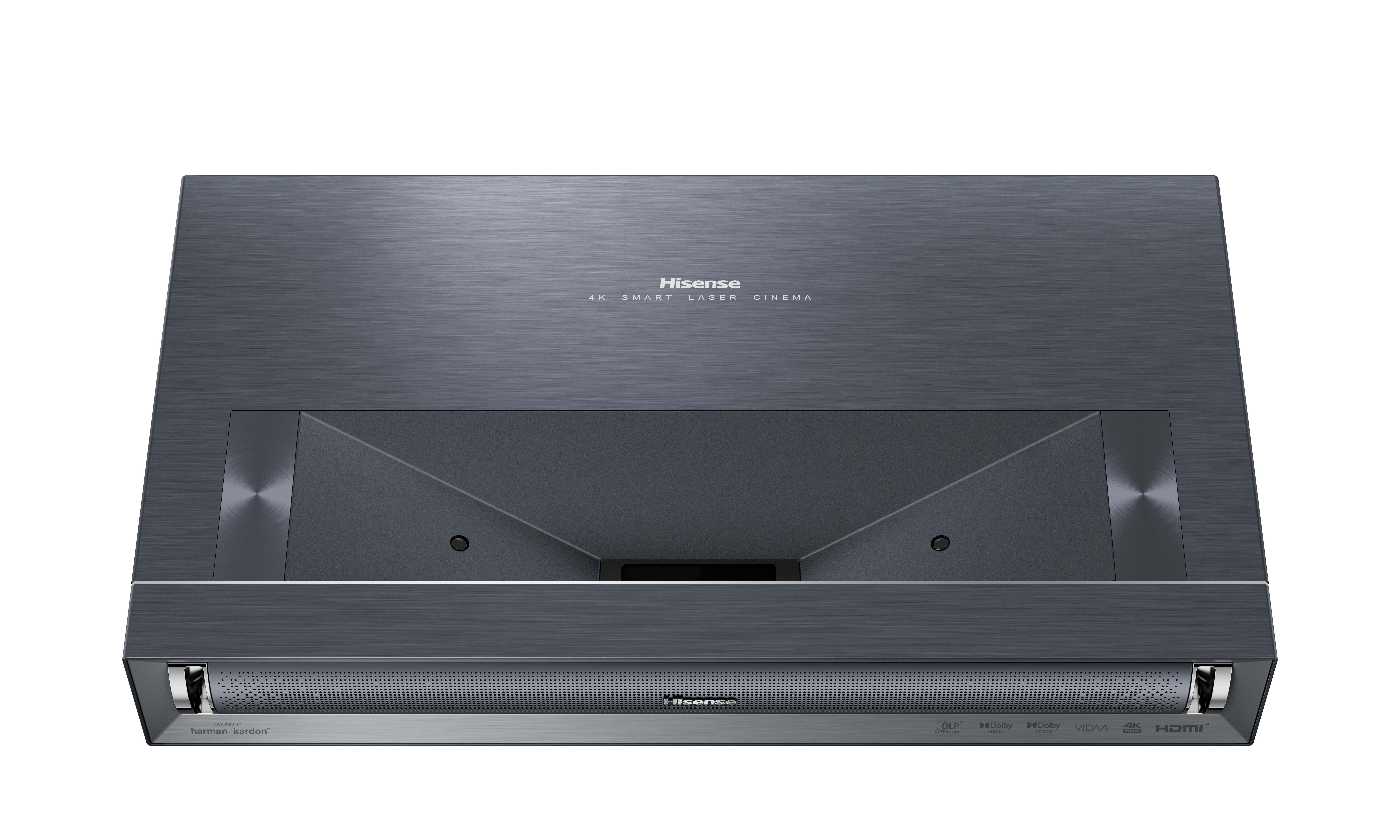Ein dunkler Hisense 4K Laser-Projektor mit Harman Kardon-Lautsprechern.