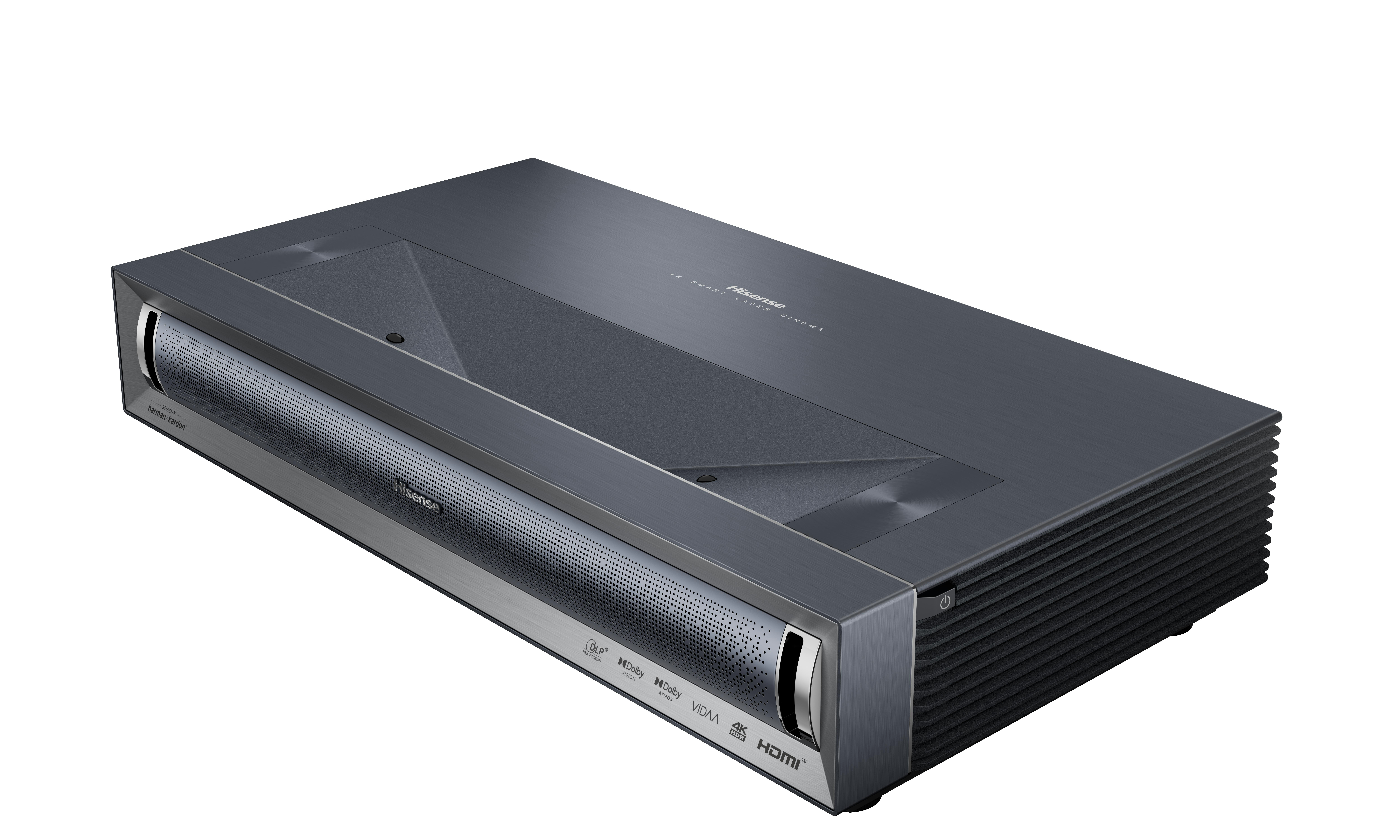 Grauer Hisense Laser-Projektor mit Harman Kardon Sound, Dolby Vision und HDMI.