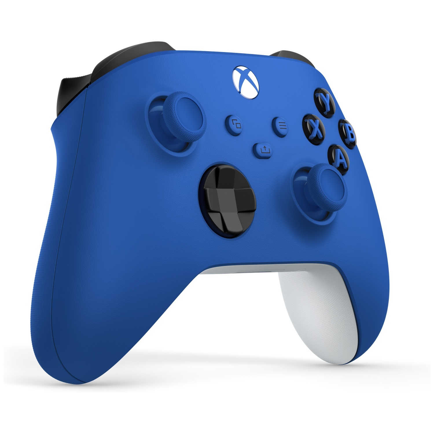 Une manette Xbox bleue avec des accents noirs et des poignées blanches.