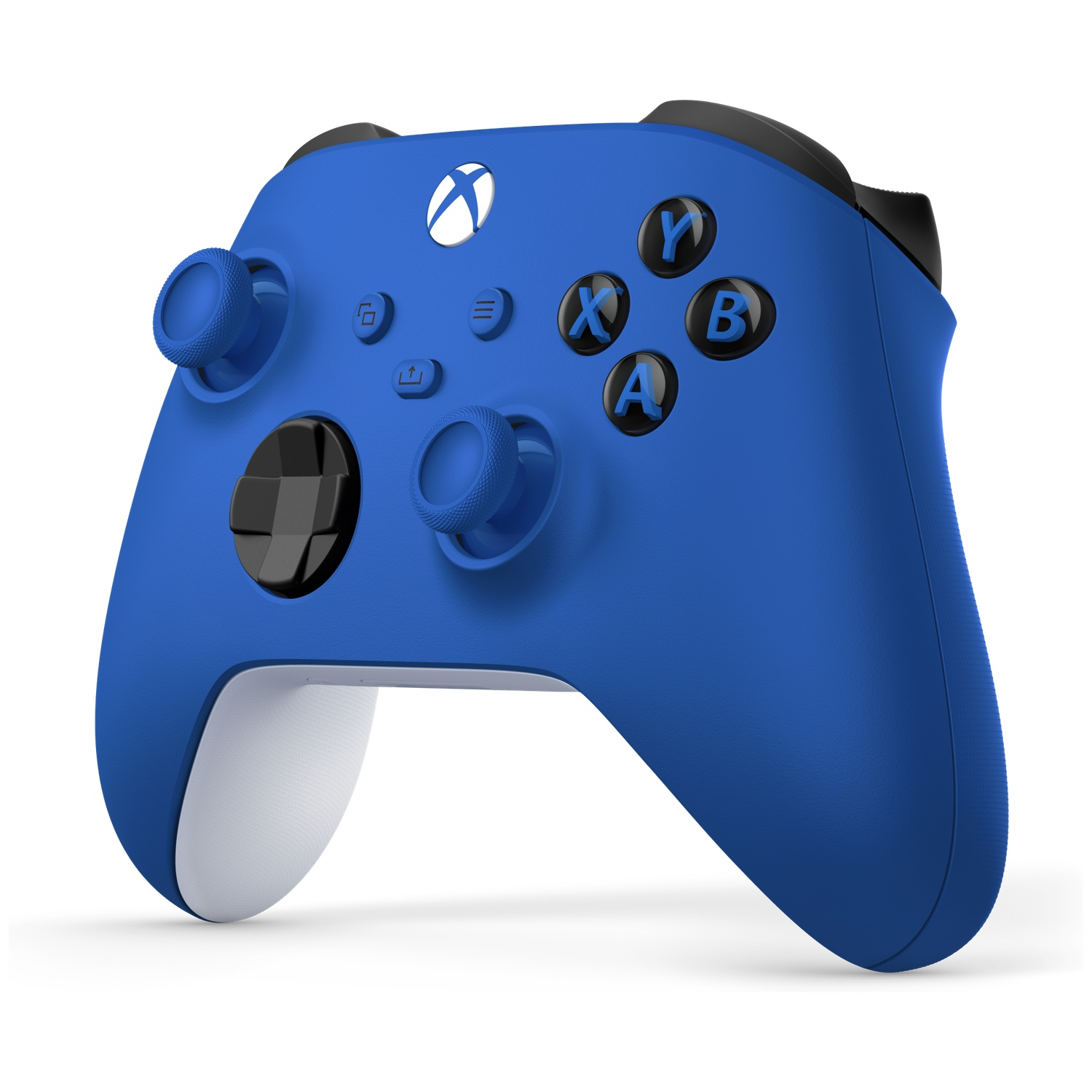 Une manette Xbox bleue avec poignées blanches, boutons noirs et logo Xbox.