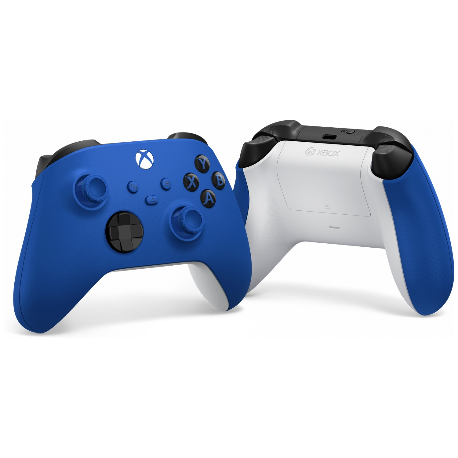 Deux manettes Xbox bleues et blanches, vues avant et arrière.