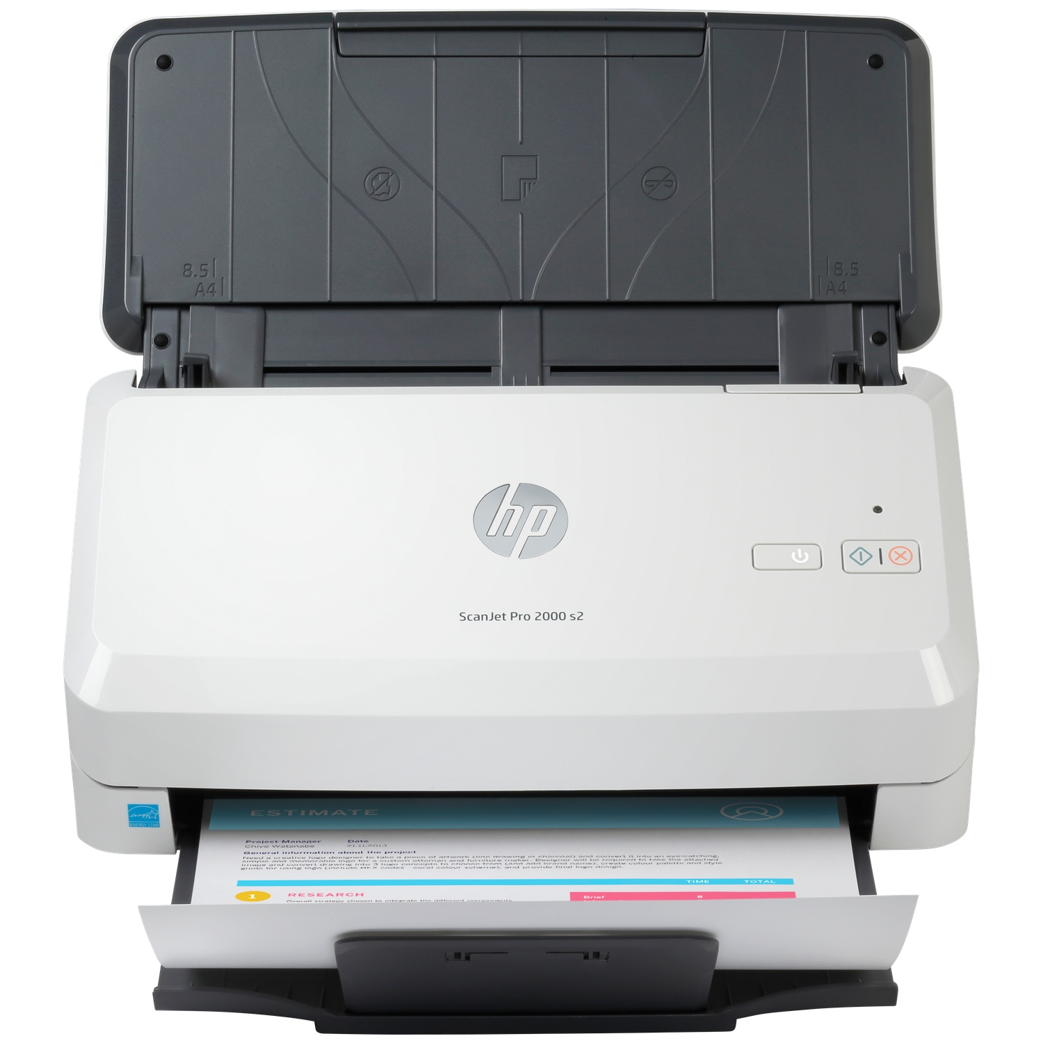 Een witte HP ScanJet Pro 2000 s2 scanner met geopende klep, met een document erin.