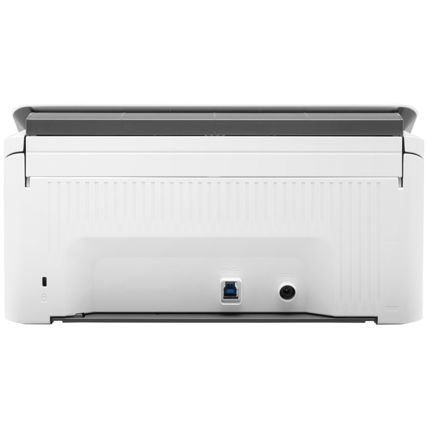 Achterkant van een witte printer met USB- en stroompoorten.
