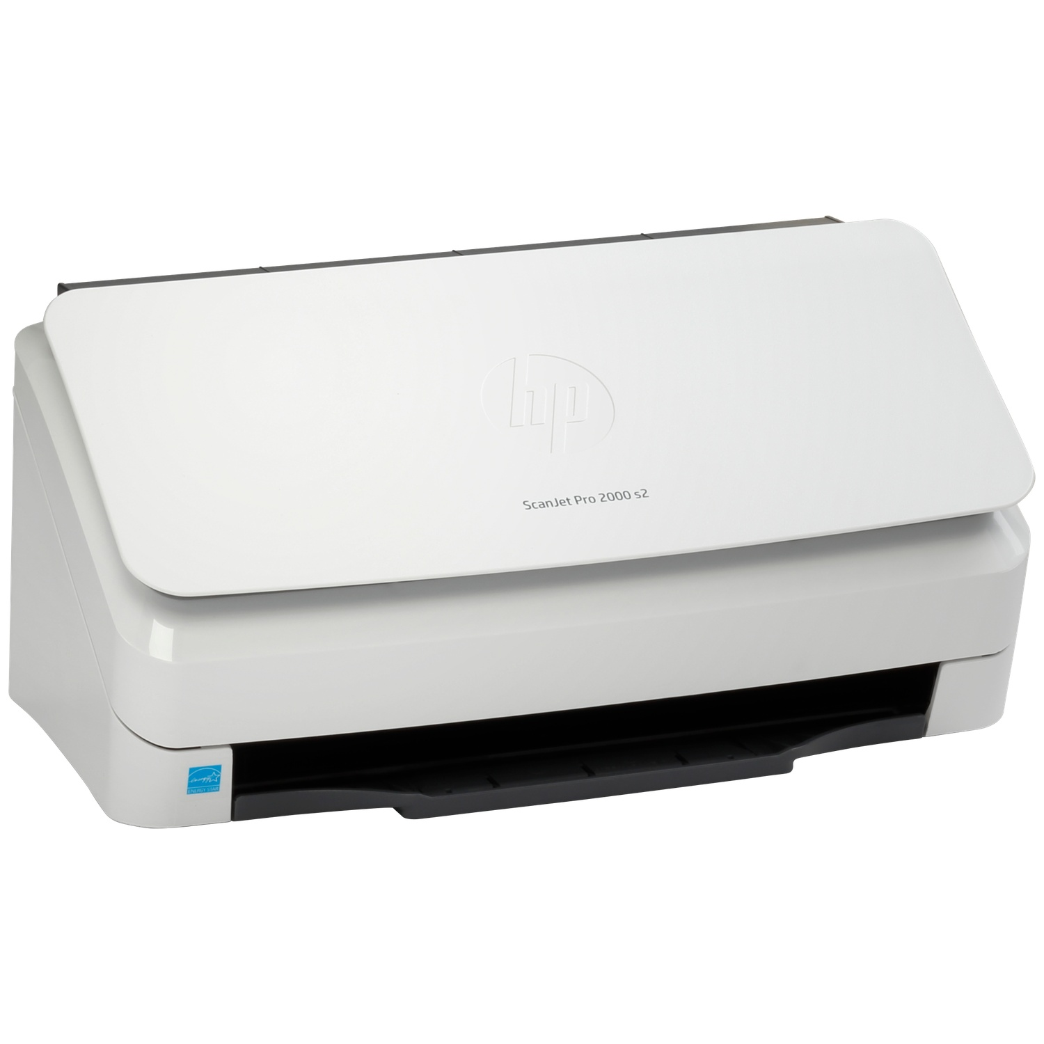 Een witte HP ScanJet Pro 2000 s2 flatbed scanner met HP logo.