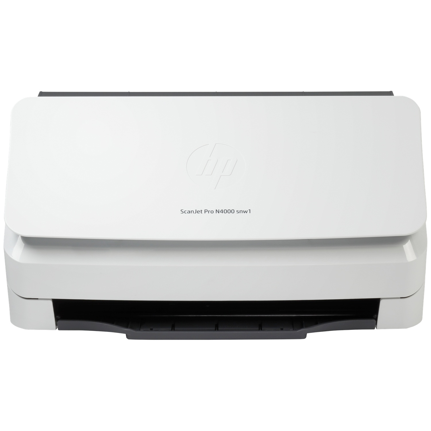 Een witte HP ScanJet Pro N4000 snw1 scanner wordt van voren getoond.