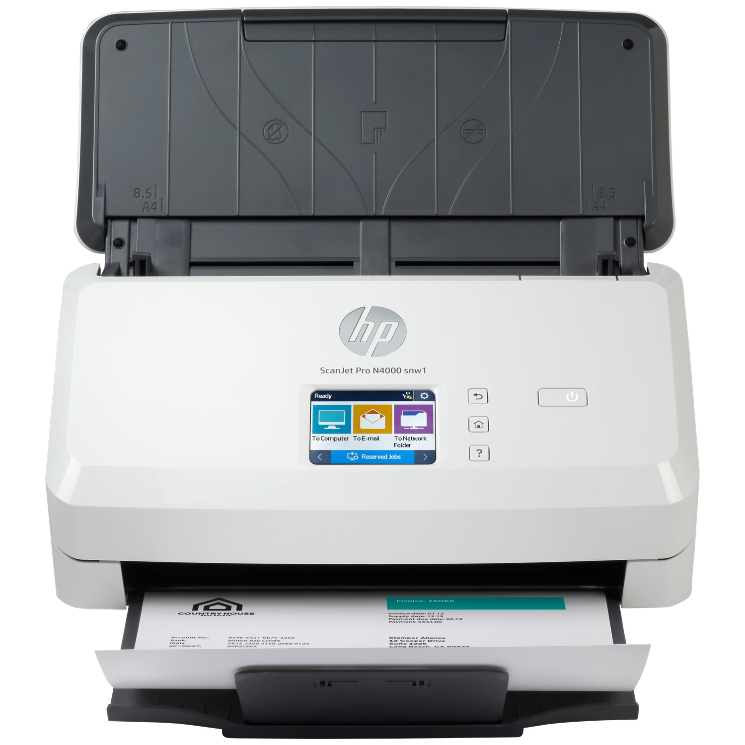 Een witte HP ScanJet Pro scanner met open deksel, toont een document.