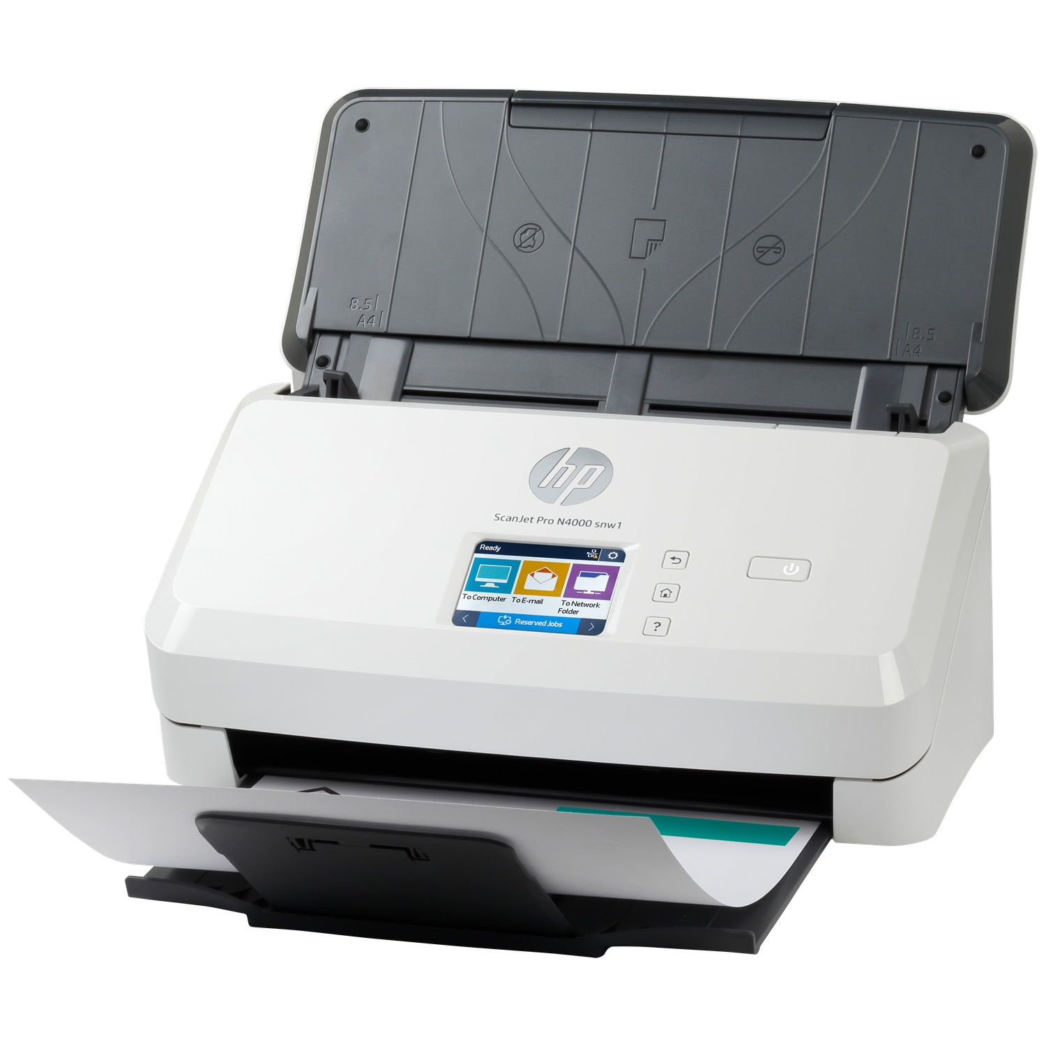 Een witte HP ScanJet Pro scanner met het deksel open en papier in de uitvoerlade.