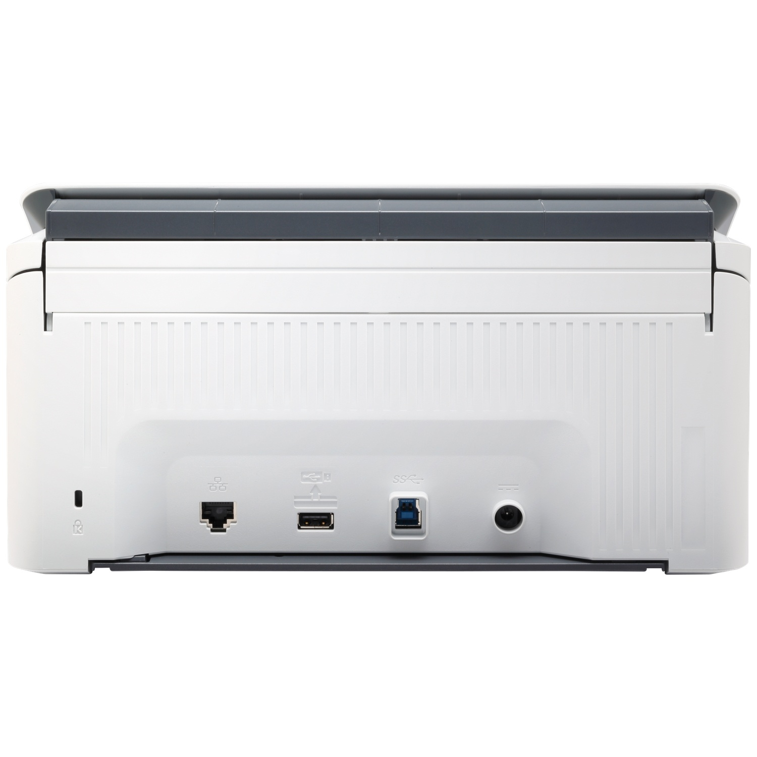 Achterkant van witte printer met poorten: LAN, USB-A, USB-A SS en stroom.