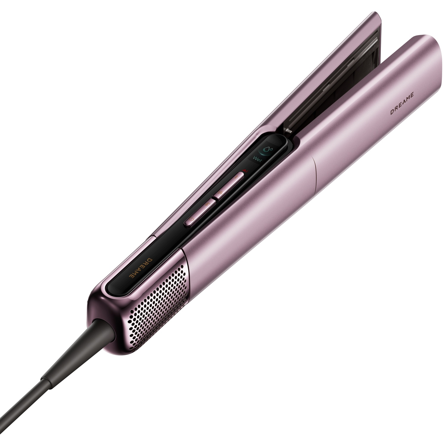 A rose gold hair straightener with a black cord and display.