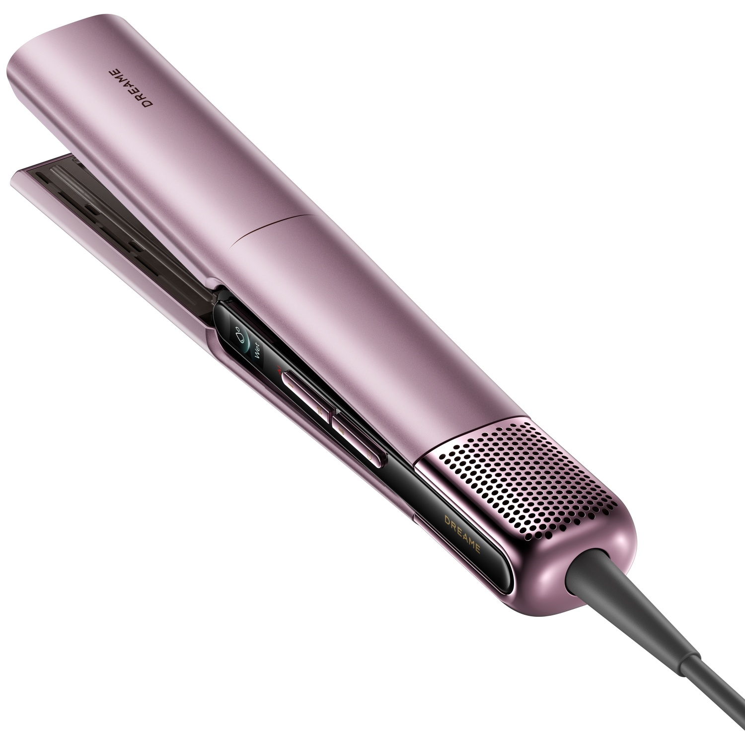 A rose gold hair straightener with a digital display and ventilation grilles.