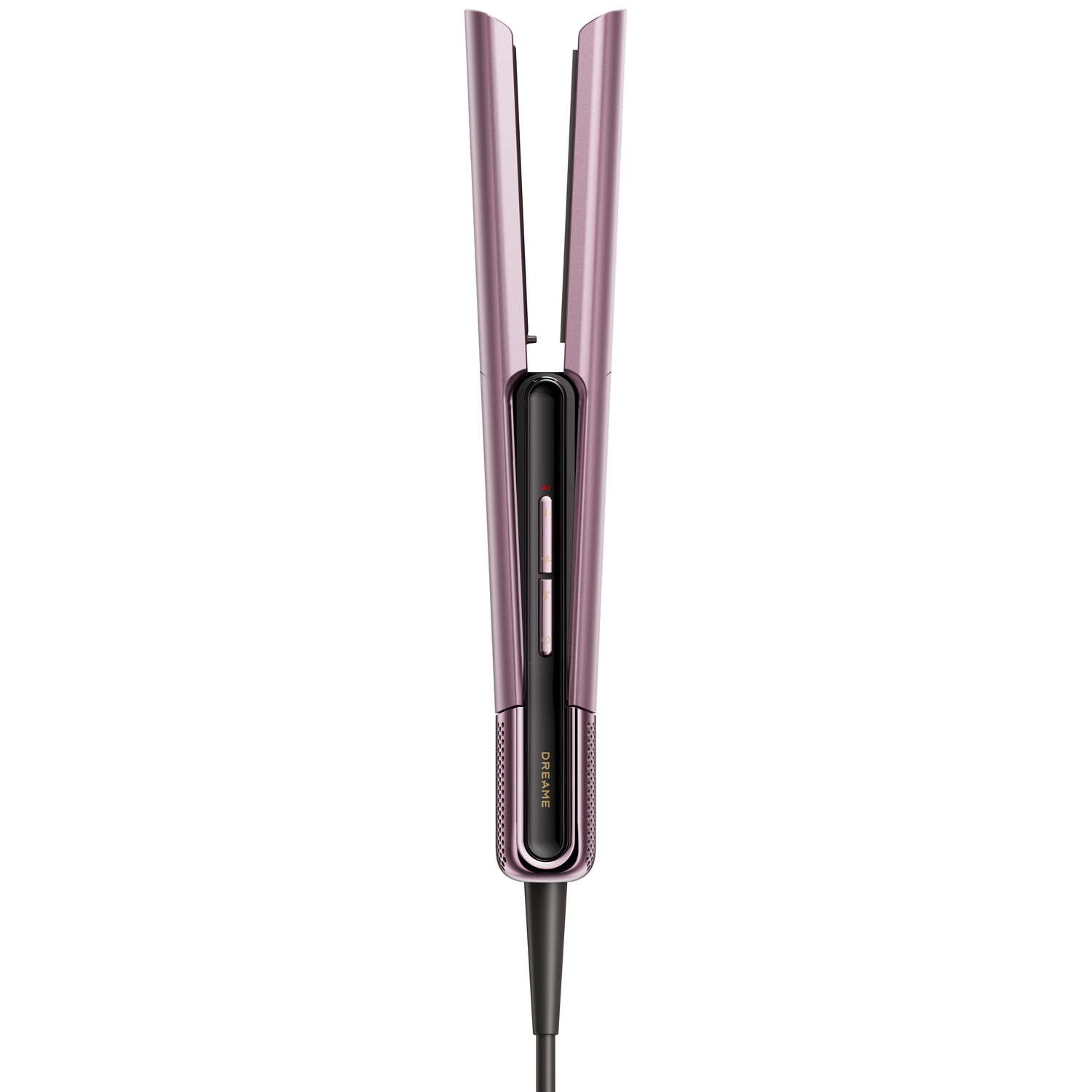 A rose gold hair straightener with black buttons and cord is shown upright.