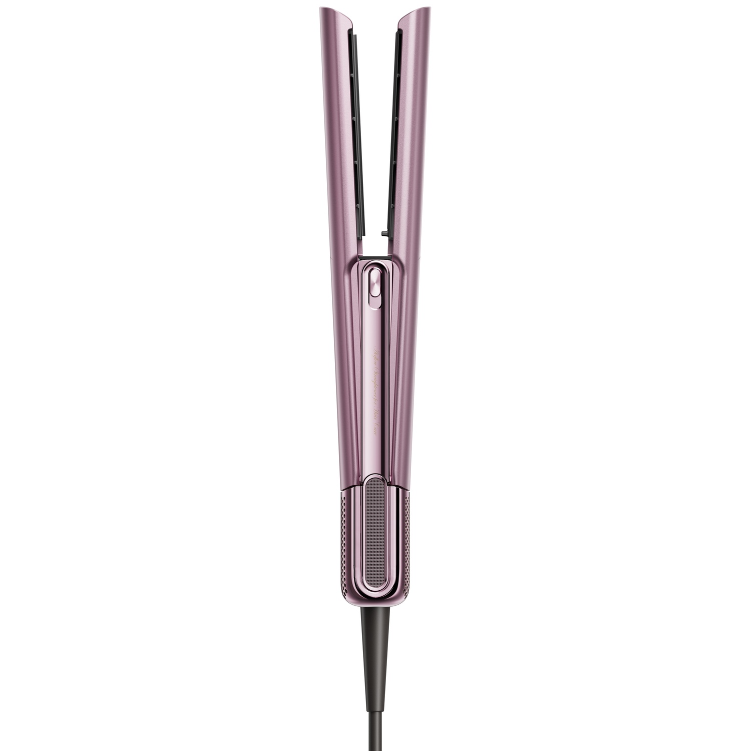 A rose gold hair straightener with a black cord, white background.