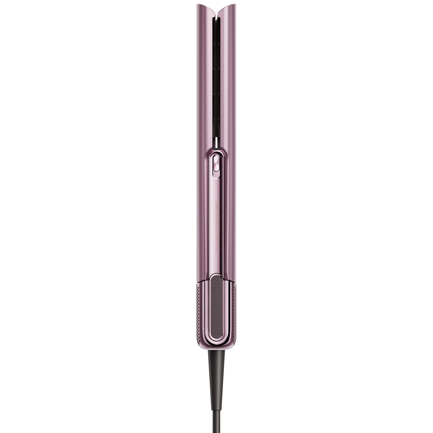 A rose gold hair straightener stands vertically on a white background.