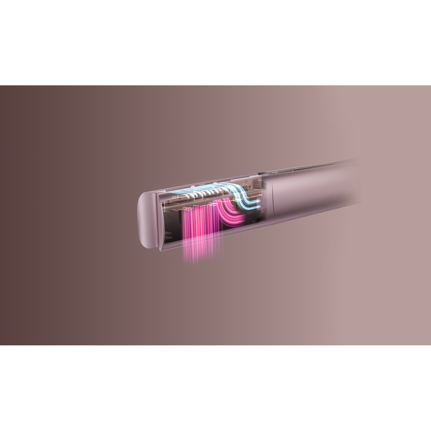 A pink hair straightener with a transparent interior showing pink and blue airflow.