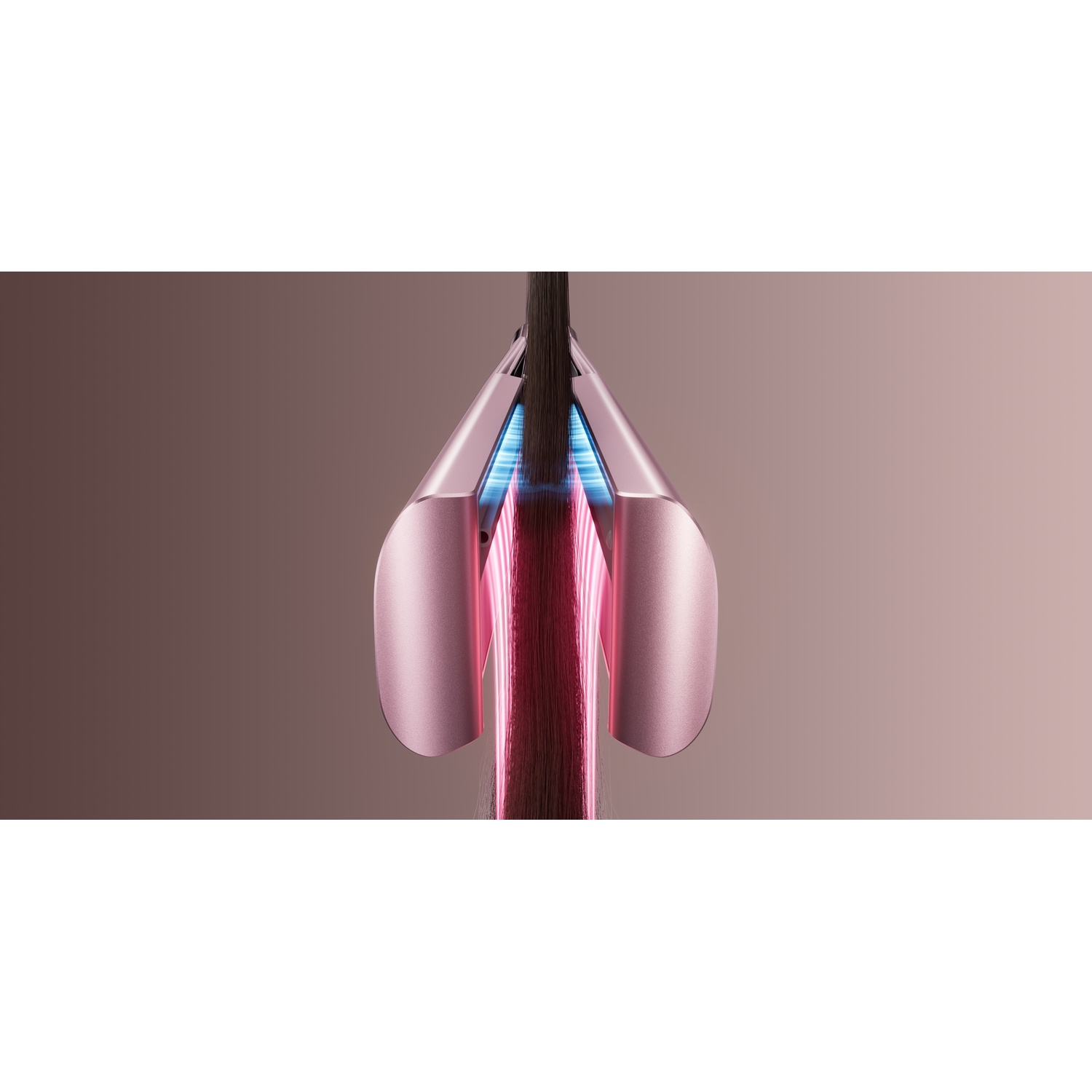Pink hair styling device with blue light passing through dark hair.