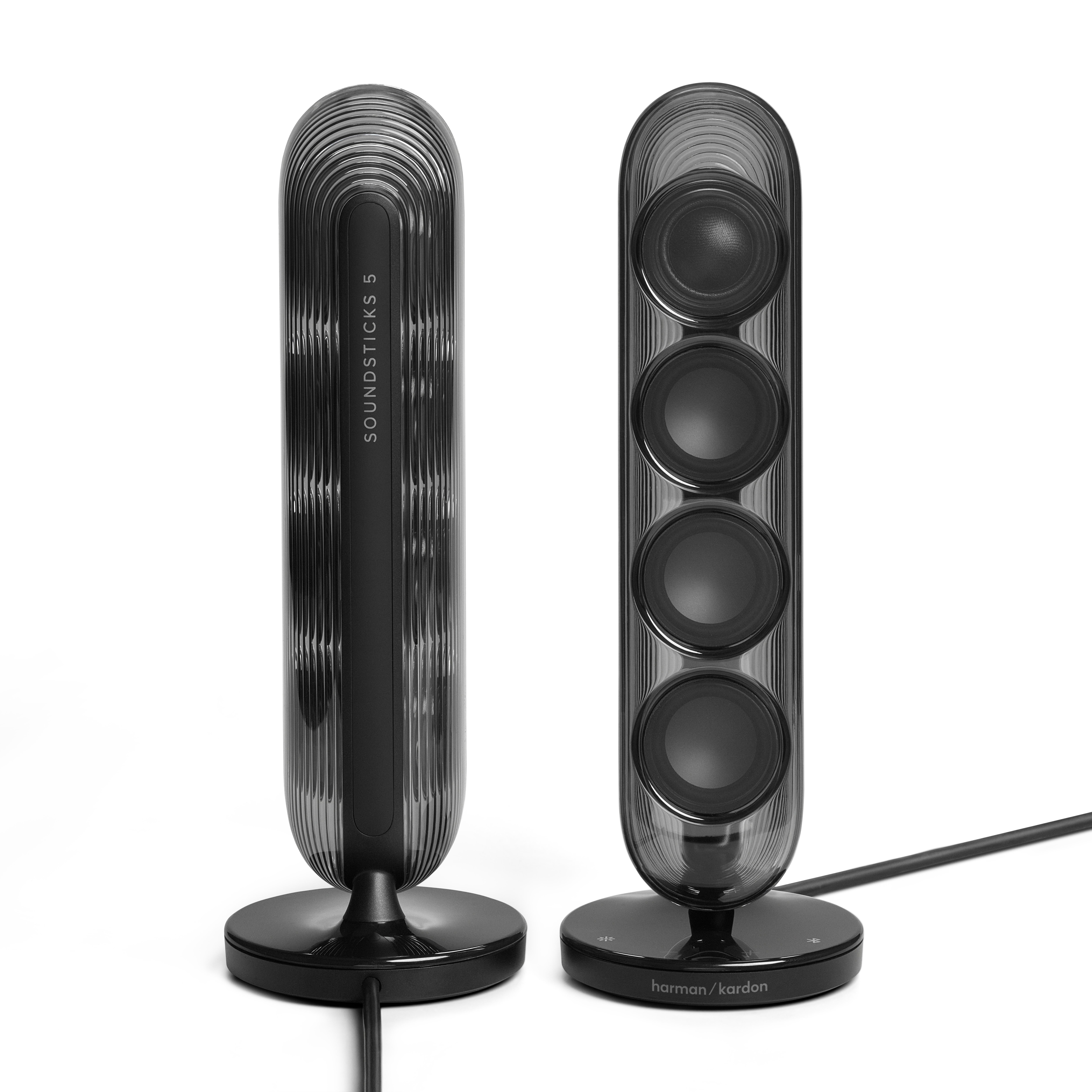 Zwei schwarze Harman Kardon Lautsprecher mit gerilltem Design stehen nebeneinander.