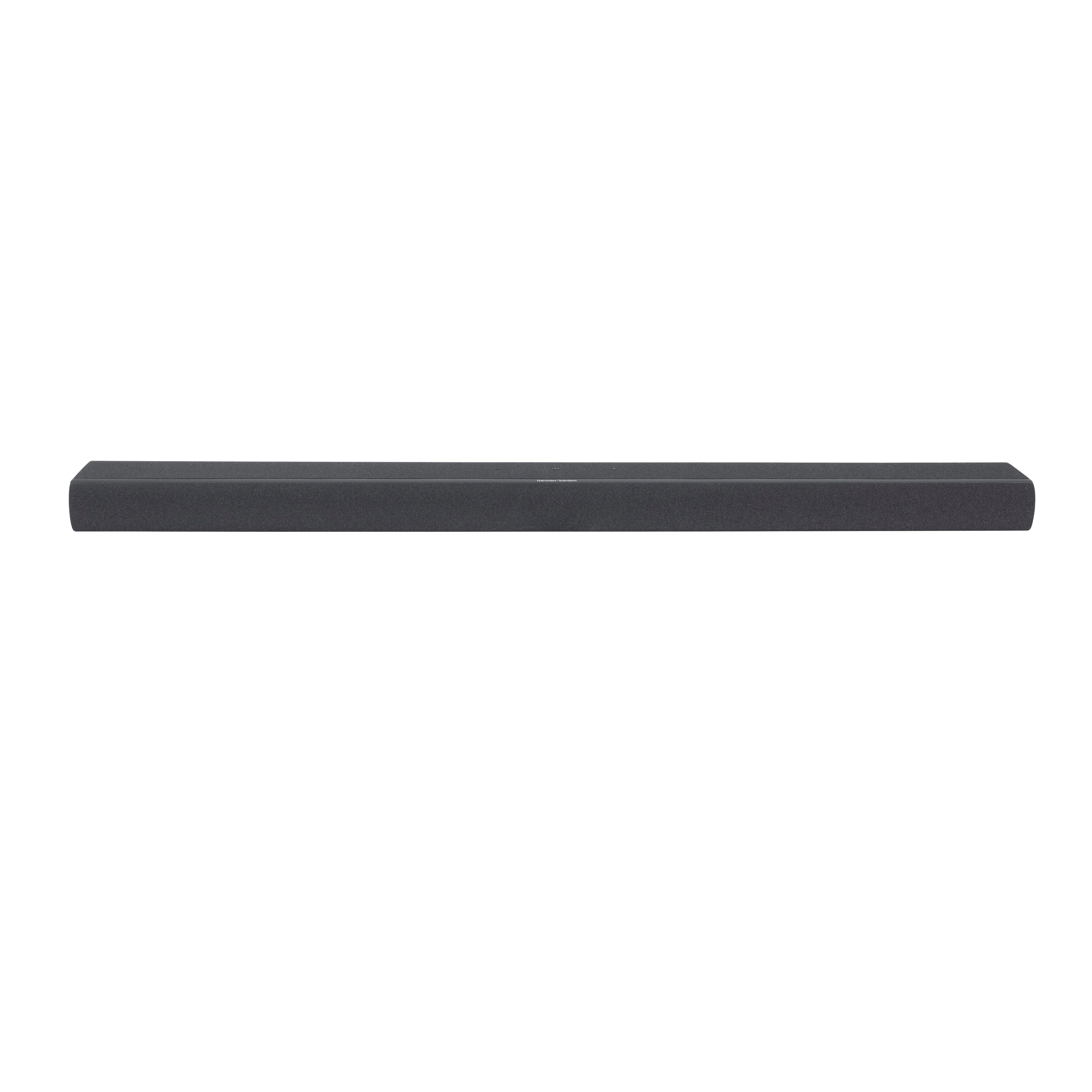 Eine schmale, dunkle Soundbar mit Harman Kardon Logo auf weißem Hintergrund.