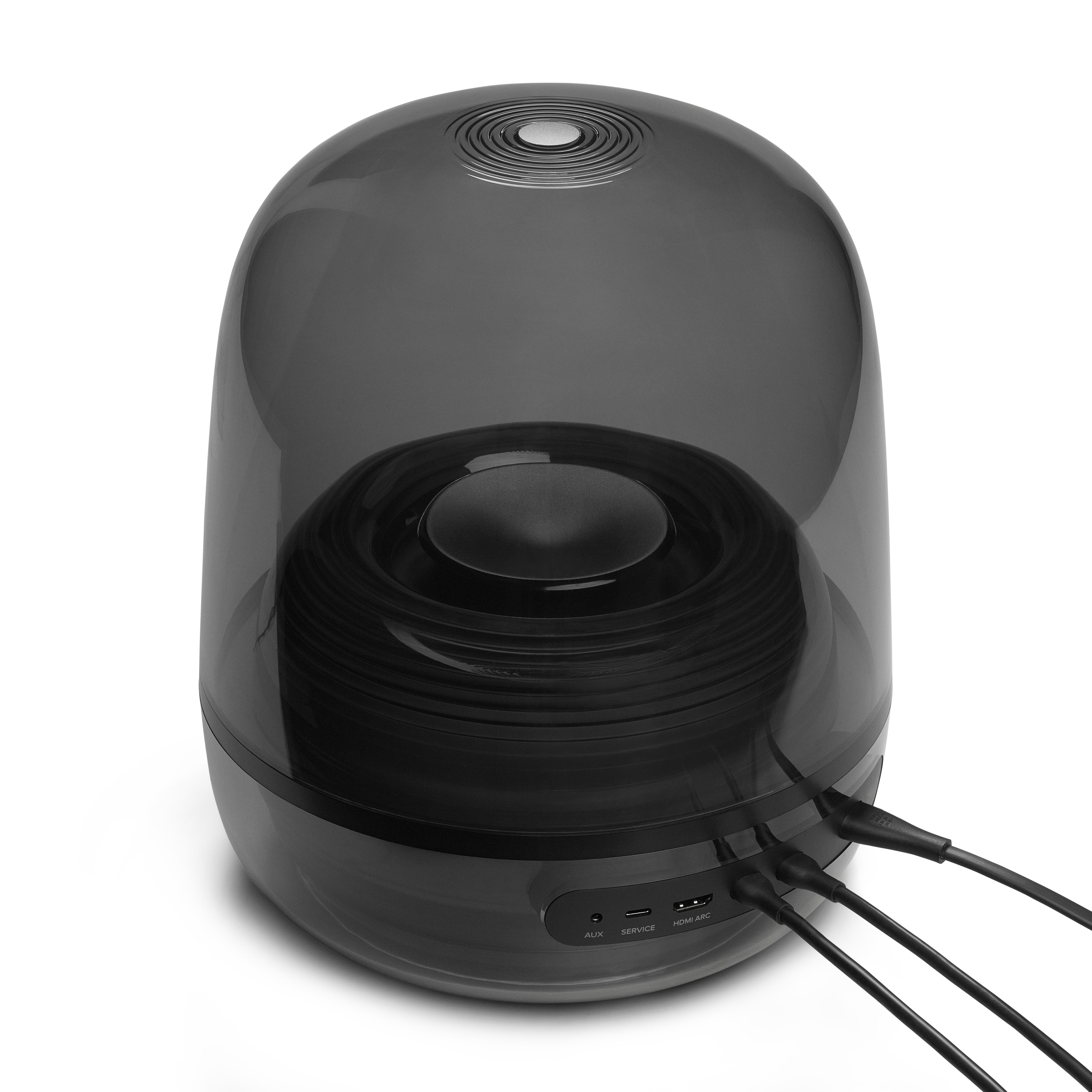 Ein schwarzer Lautsprecher mit transparentem Gehäuse. Kabel stecken drin.