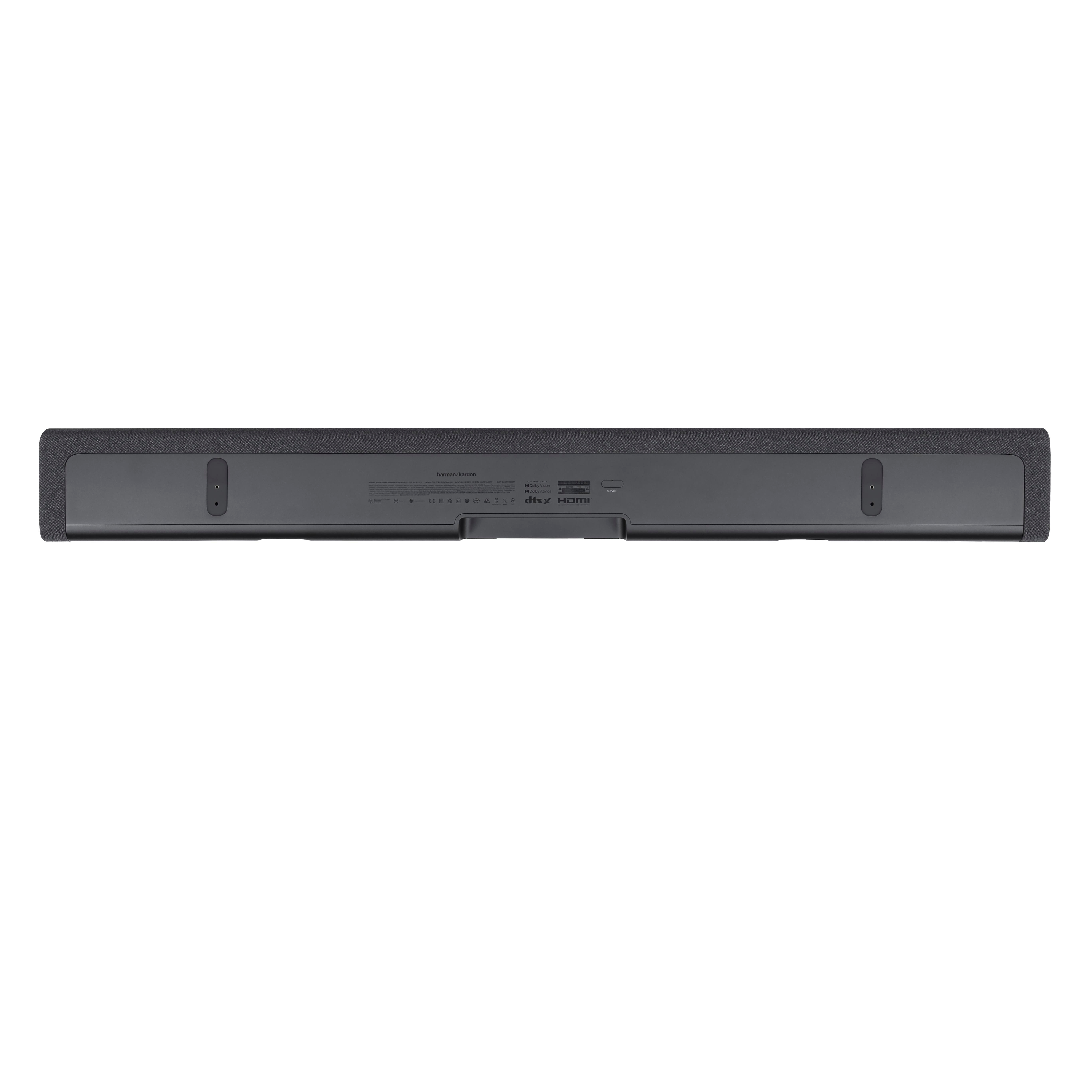 Rückseite einer dunklen Soundbar mit Anschlüssen und Logos wie HDMI.