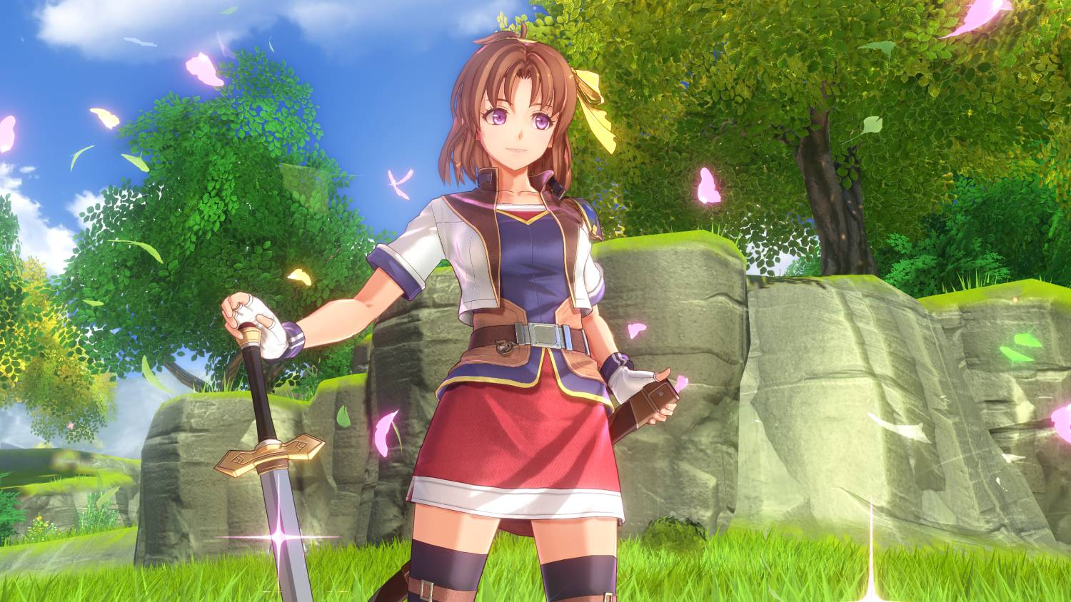 Personaje de anime con espada al aire libre, rodeado de árboles y pétalos.