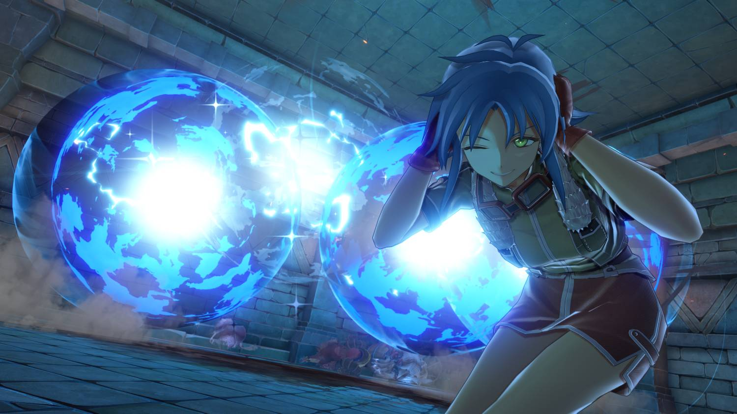 Personaje de anime con pelo azul conjura orbes azules brillantes con rayos.
