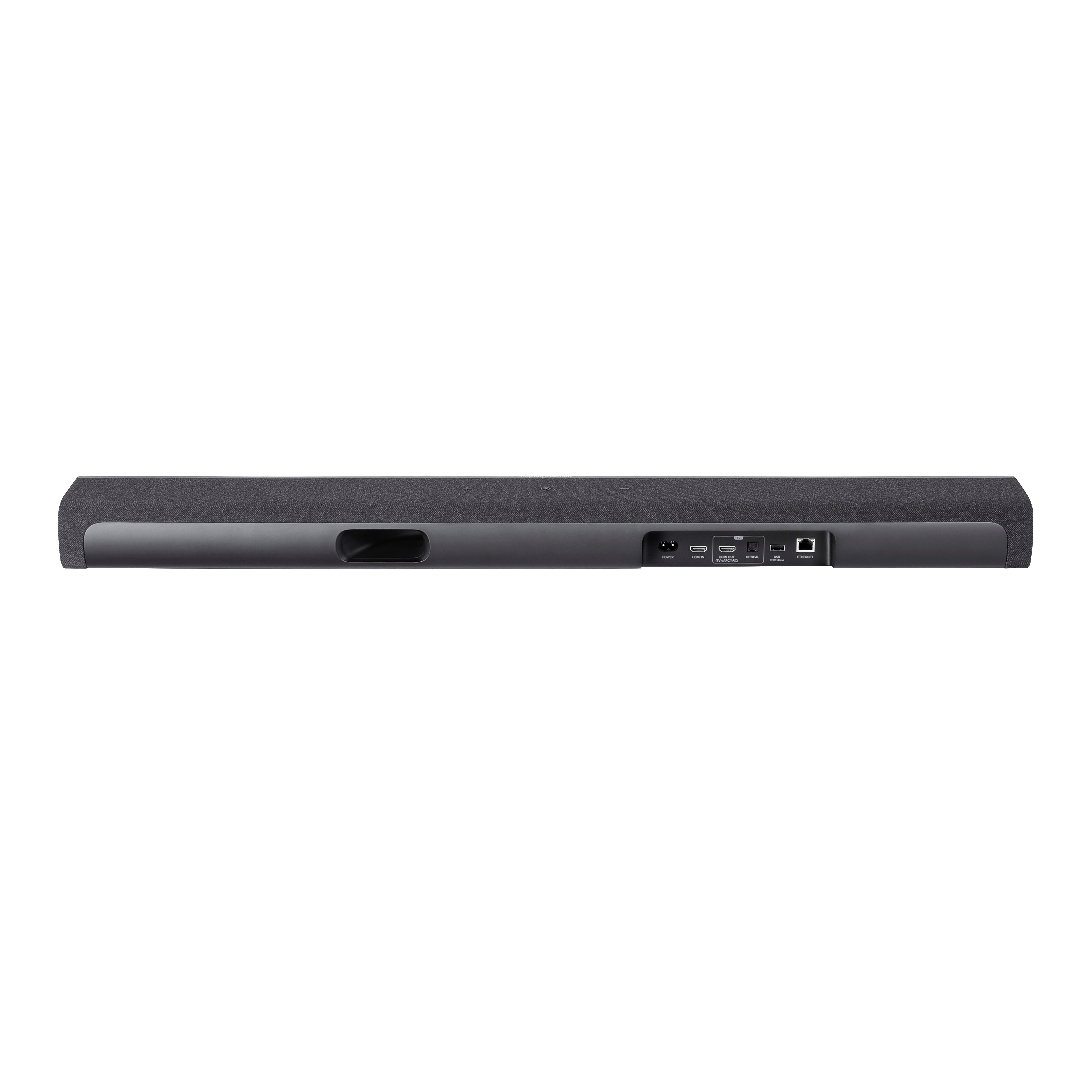 Rückseite einer dunklen Soundbar mit Anschlüssen: Strom, HDMI IN, HDMI OUT, OPTISCH, USB, ETHERNET.