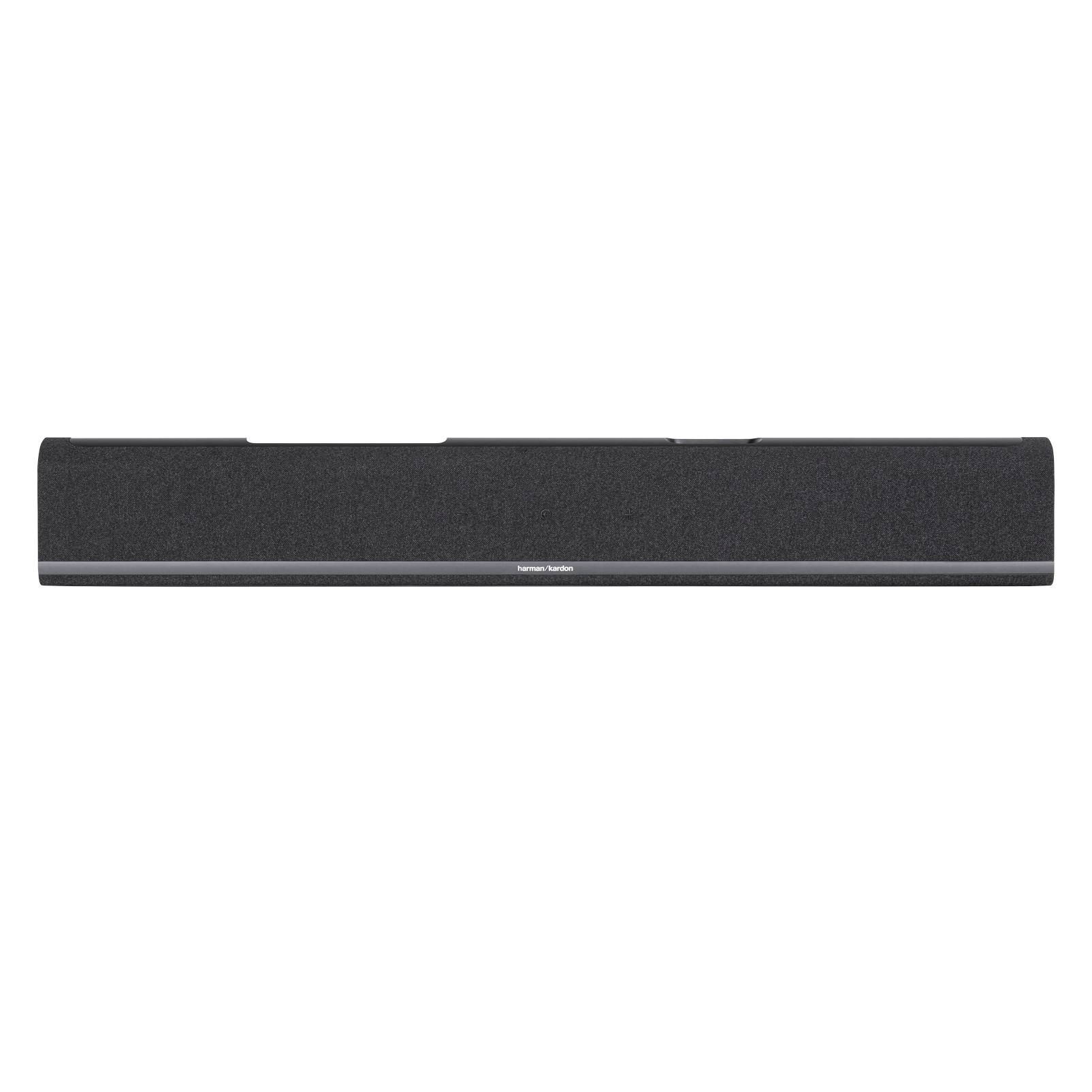 Ein dunkler Harman Kardon Soundbar mit silbernem Streifen.