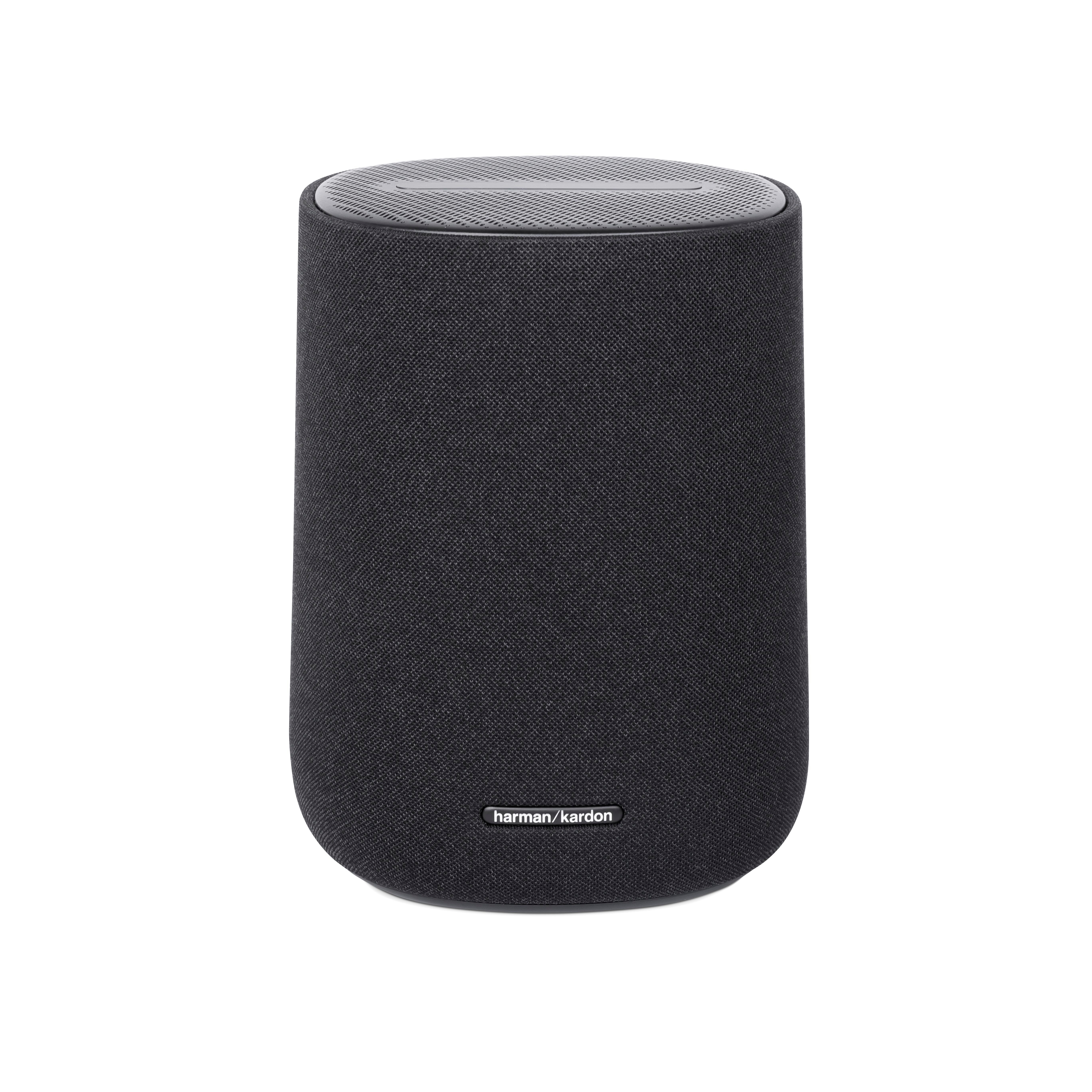 Schwarzer runder Lautsprecher mit silbernem Gitter oben und Harman Kardon Logo.