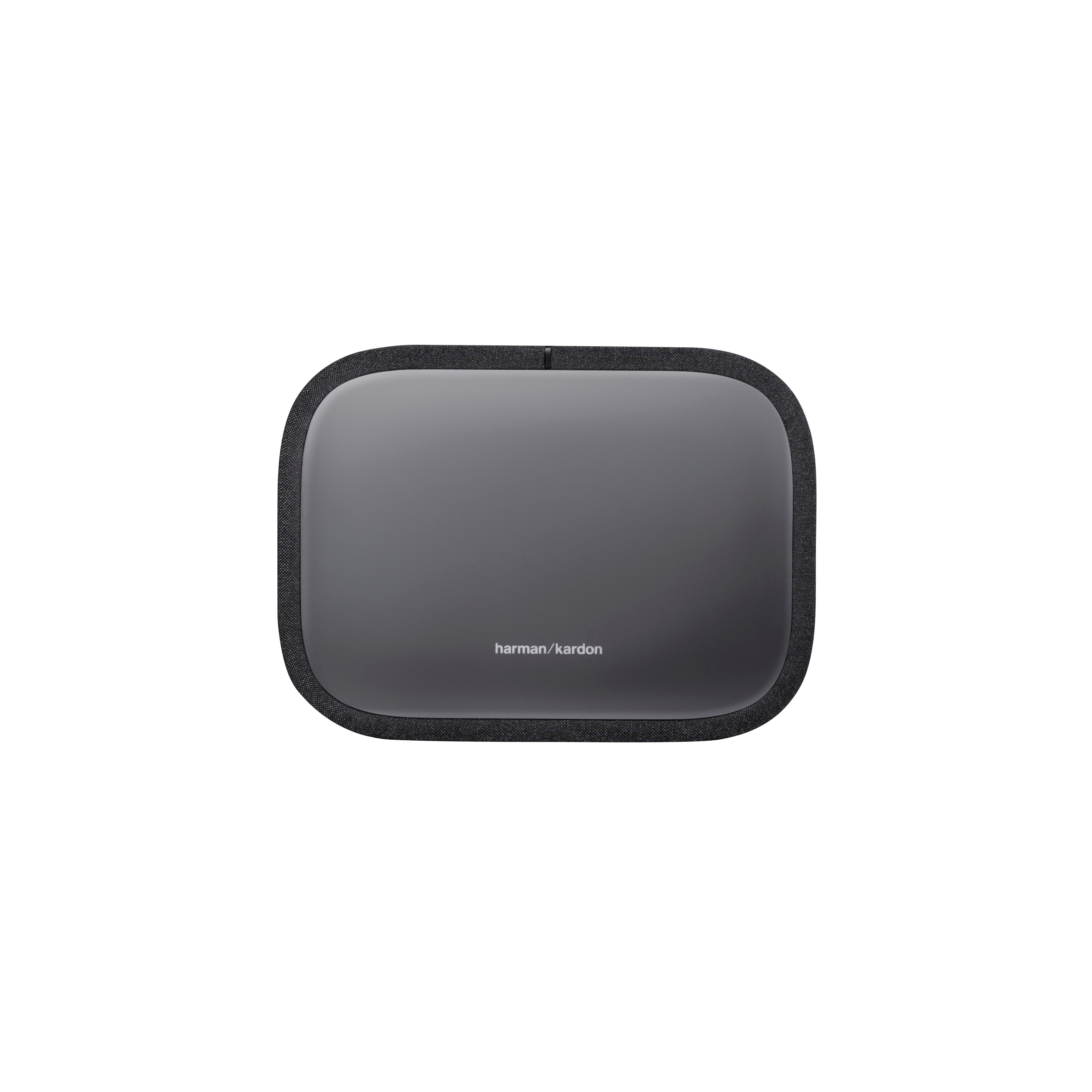 Grauer Harman Kardon Lautsprecher mit Stoffrand.