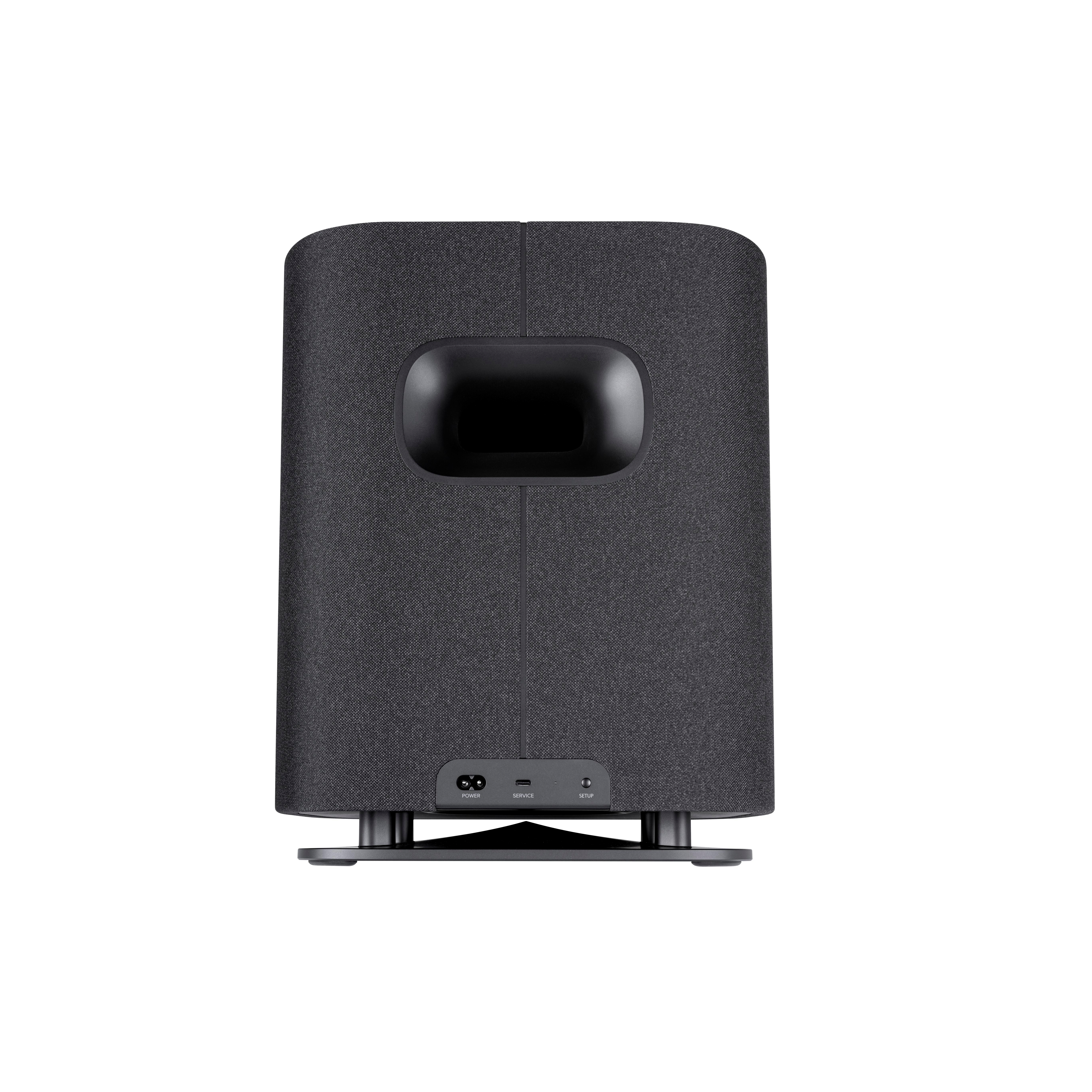 Rückseite eines dunklen Subwoofers mit Anschlüssen: Strom, Service und Setup.