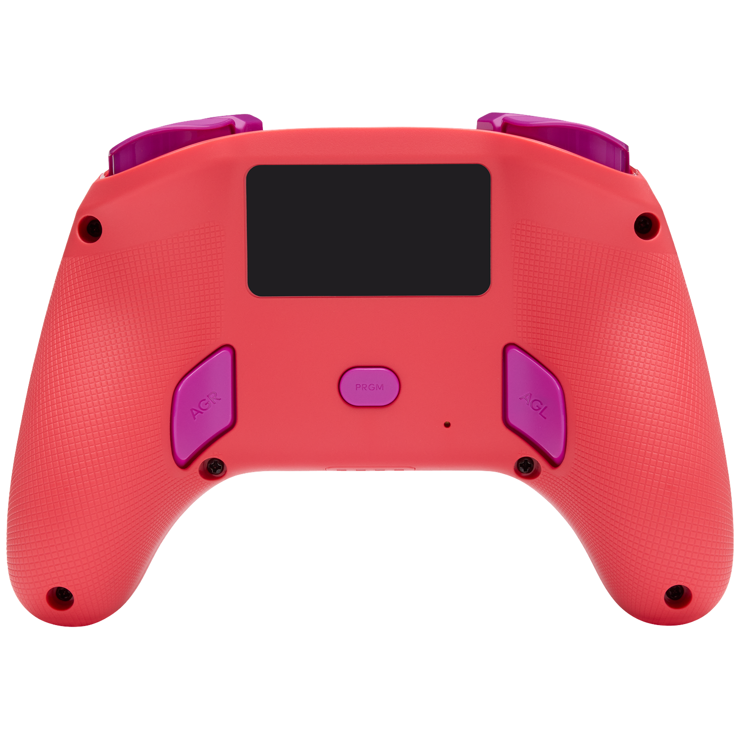 Red controller back with purple buttons and a black screen.