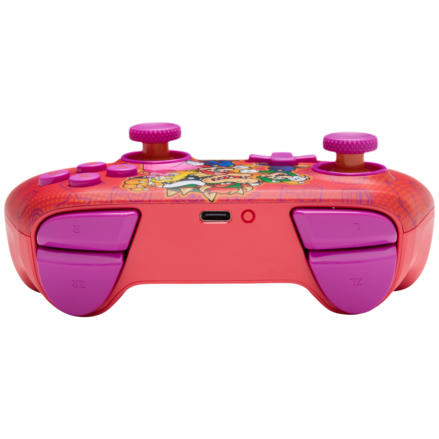 A red controller featuring Mario characters, purple buttons, and joysticks.